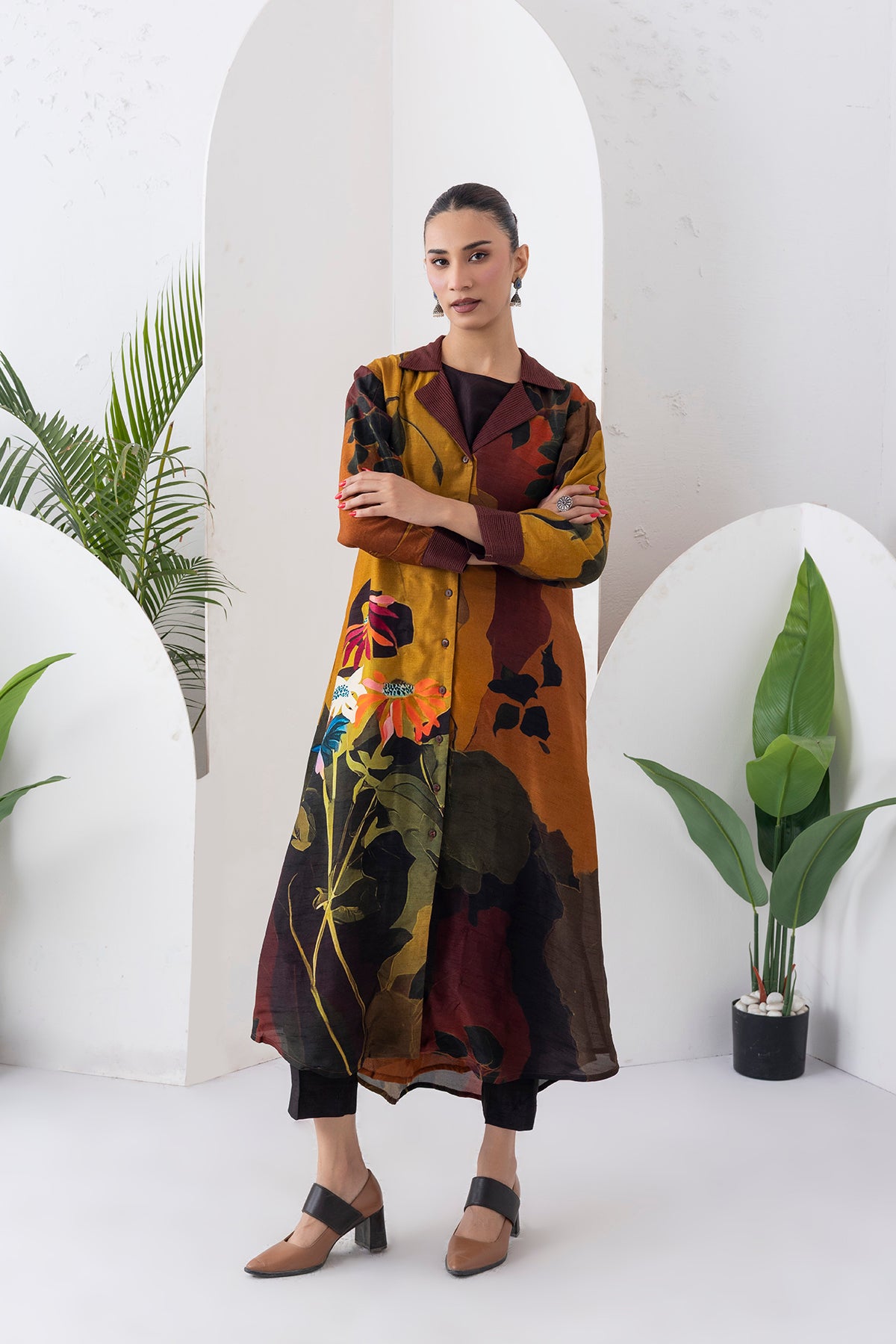 Mustard & Brown Viscose Dupion Printed Front Open Dress (1 PC)