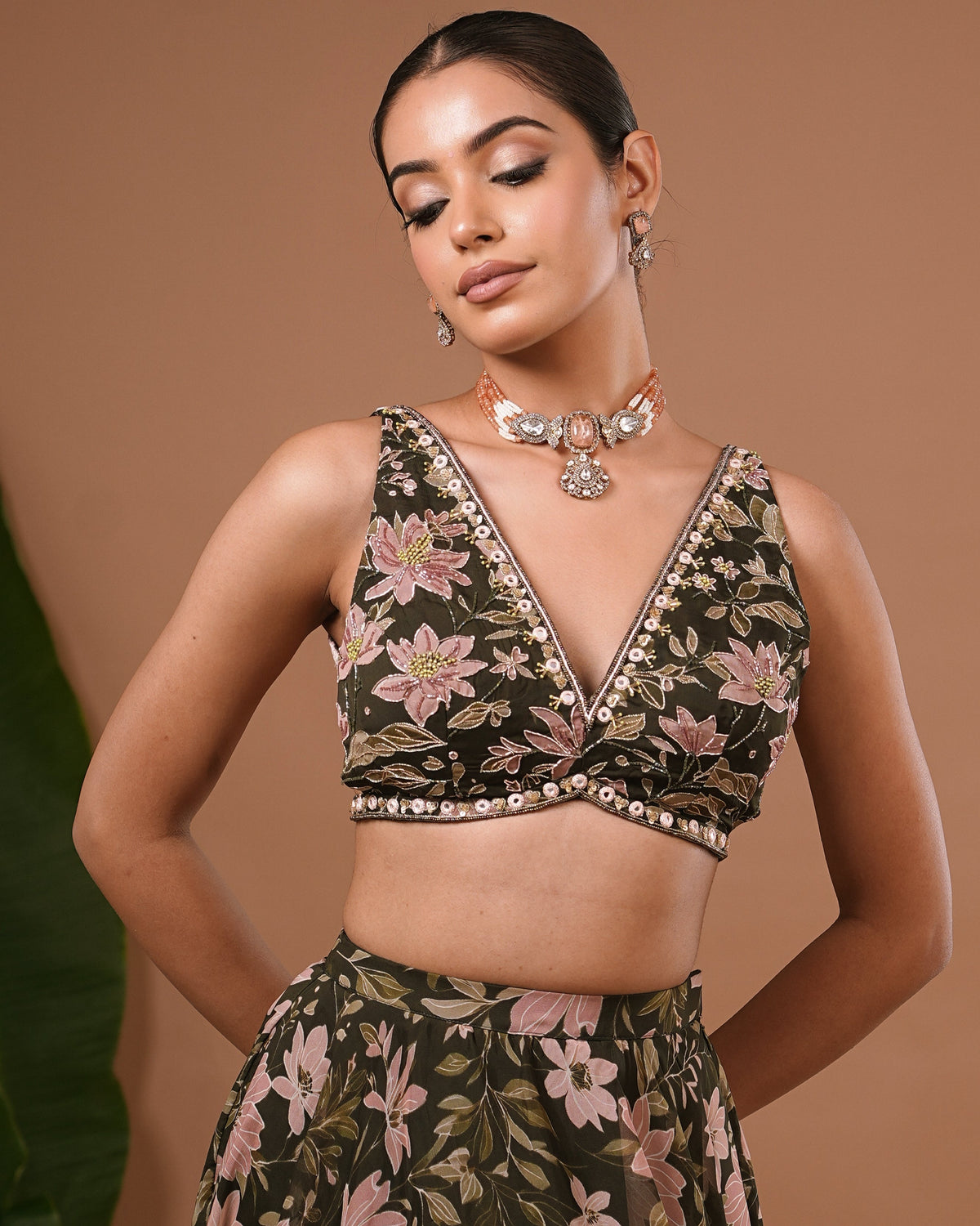 Olive Green Floral Printed Organza Lehenga Set (Set of 3)