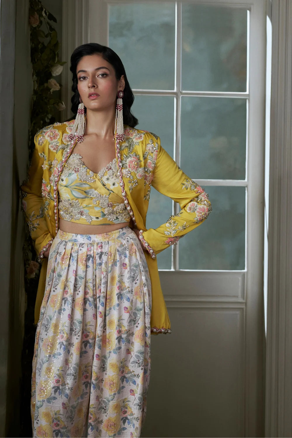 Yellow Jacket Trouser Set With Corset Top