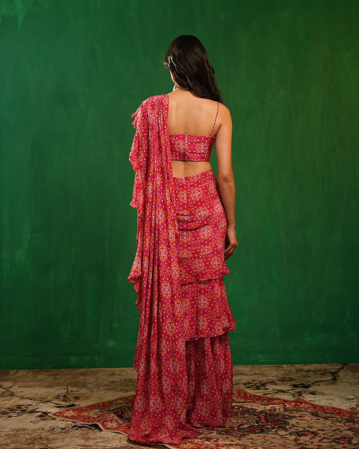 Fuchsia Mandla Digital Print Ruffle Pre Drape Saree Set (Set of 2)