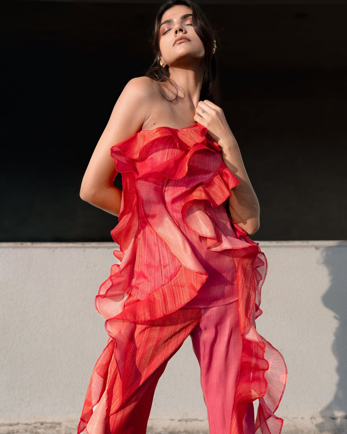 Ruffle Overlay Top – Coral Rose