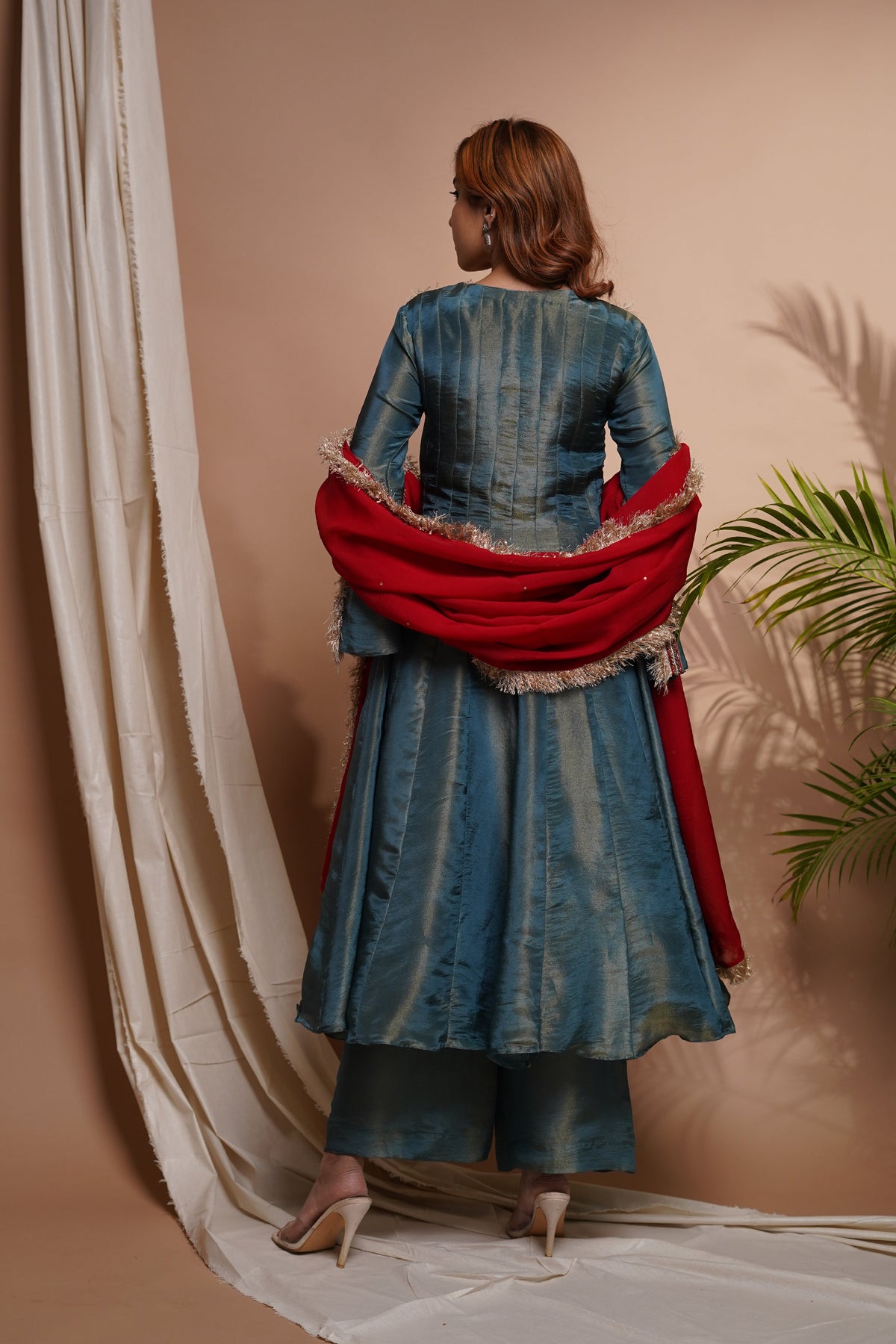 BLUE RED TISSUE SILK ANARKALI SUIT SET  (SET OF 3)