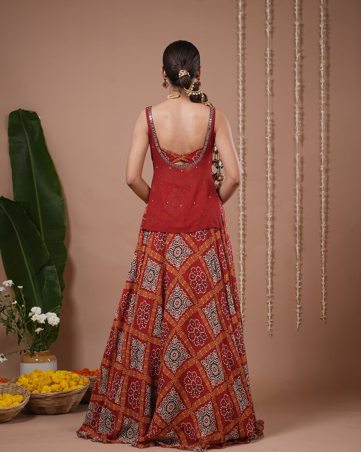 Red Bandhani Printed Lehenga Set (Set of 3)