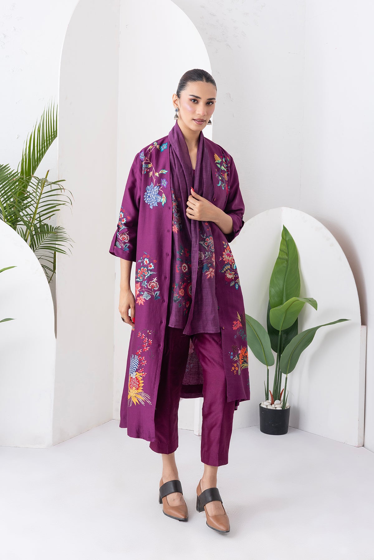 Wine Silk Chanderi Printed High-Low Dress (1 PC)