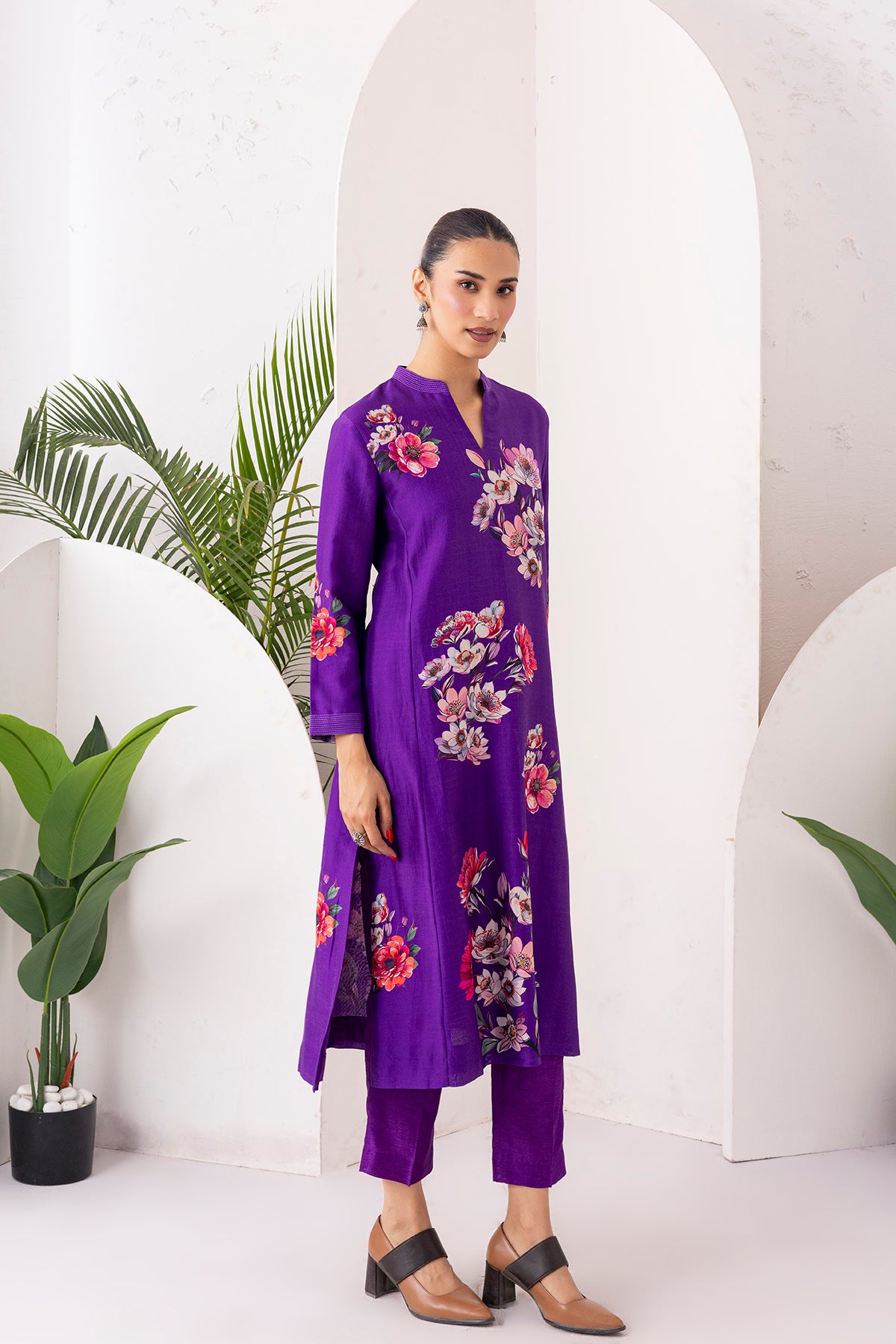 Purple Silk Chanderi Printed Tunic