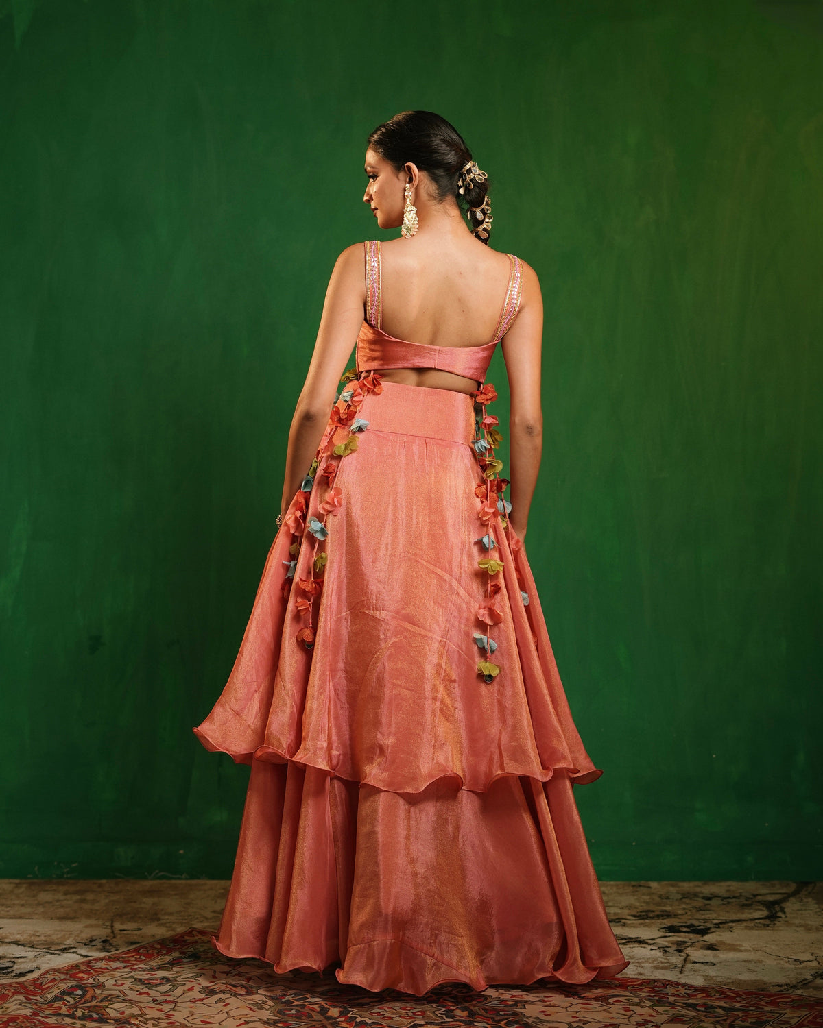 Peach Pink Tissue Layered Indo Skirt Set (Set of 2)