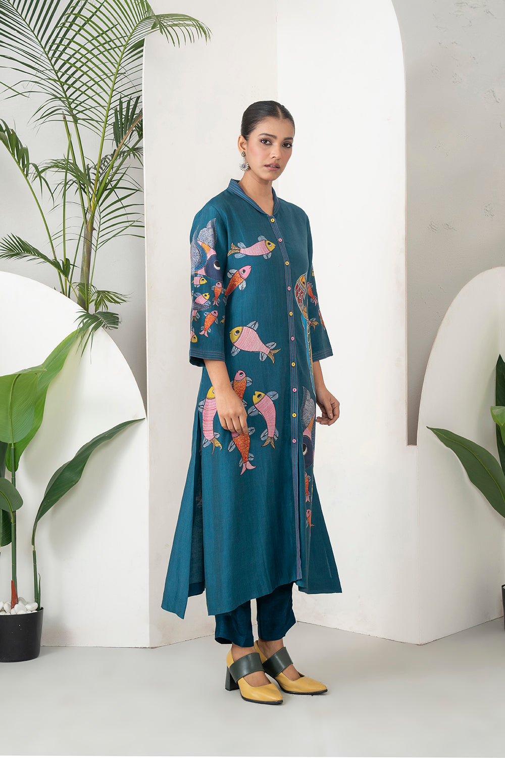 Indigo Silk Chanderi Playful Aquatic Motif Printed Dress Set (3 PCS)
