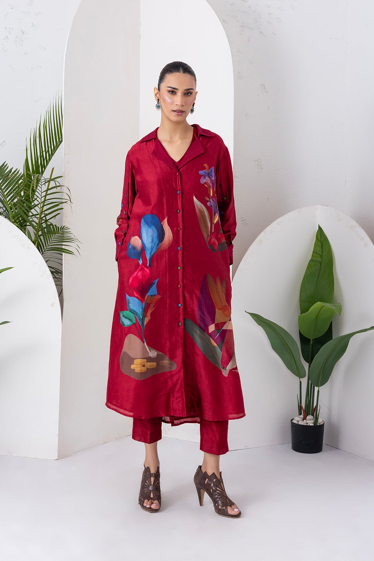 Red Viscose Dupion Printed Front Open Dress (1 PC)