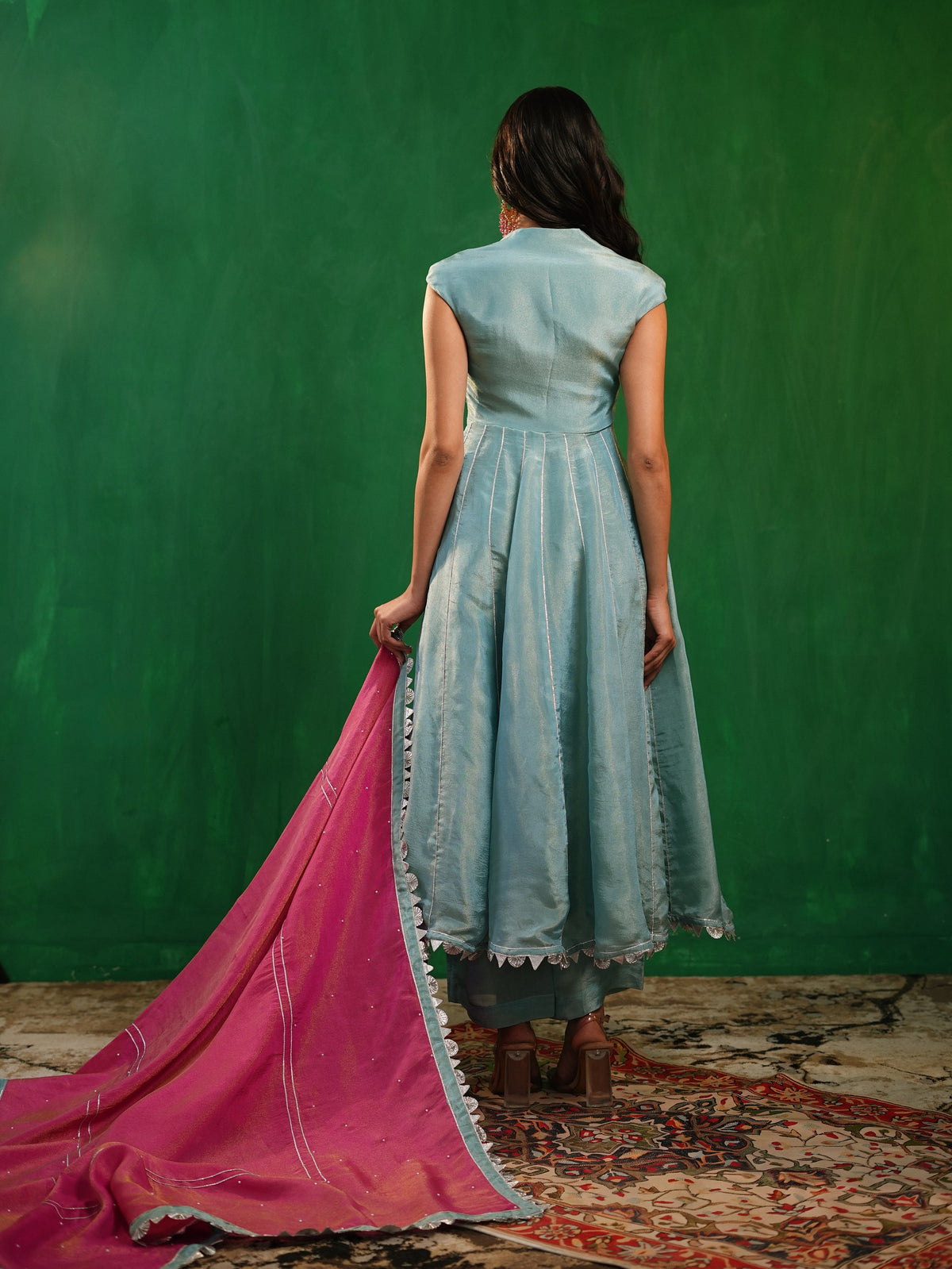 Aqua Blue Tissue Silk Heavy Anarkali Set  (Set of 3)