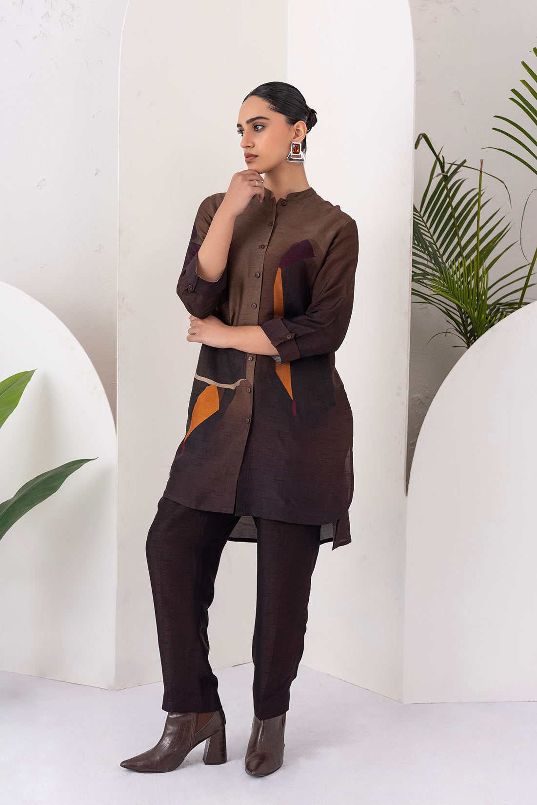 Shades Of Brown Viscose Dupion Printed Shirt Style Tunic  (1 PC)