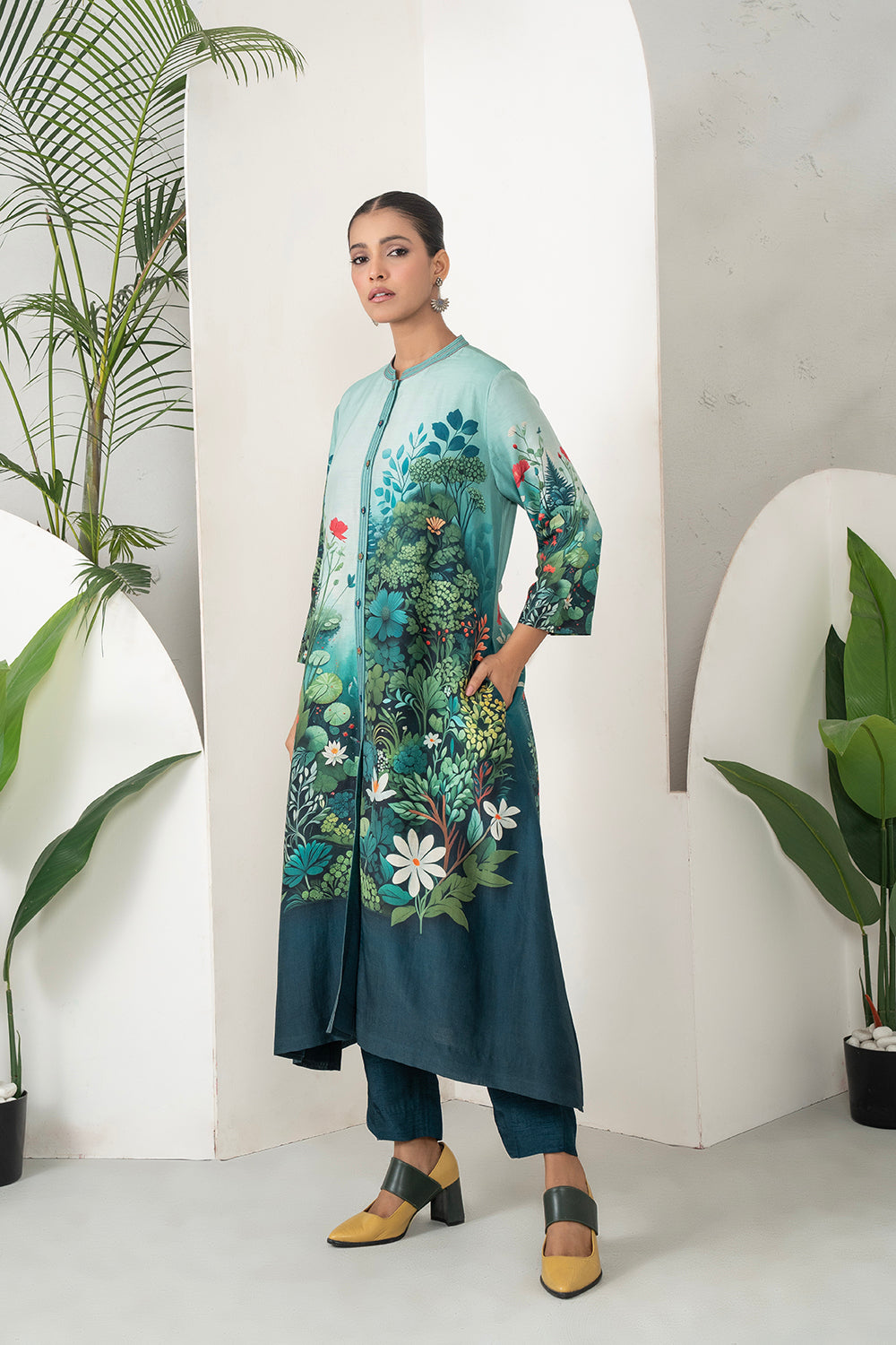 Blue Fades Gently From Mint To Midnight Silk Chanderi Hand-Painted Garden Printed Dress Set (3 PCS)