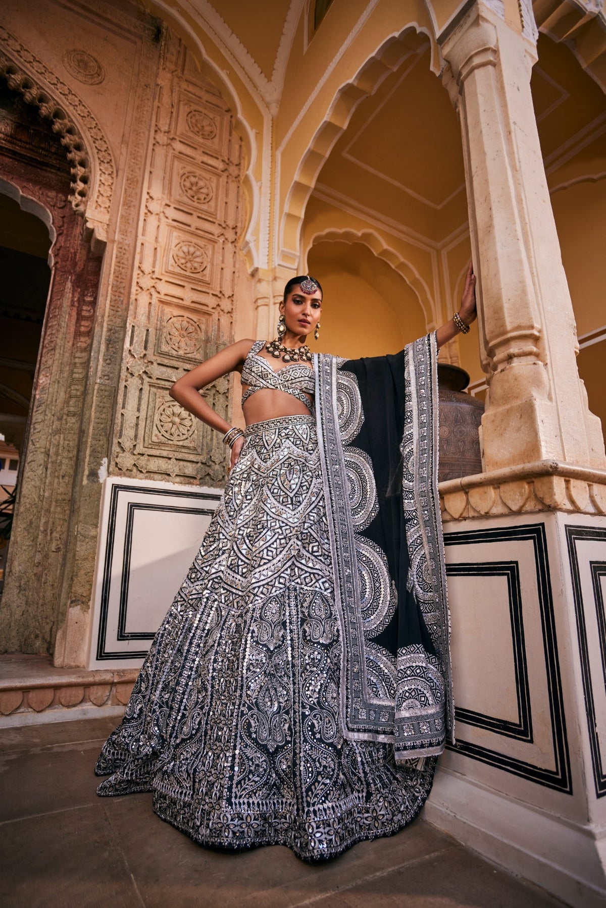 Black And White Lehenga Set With Intricate Geometric Patterns