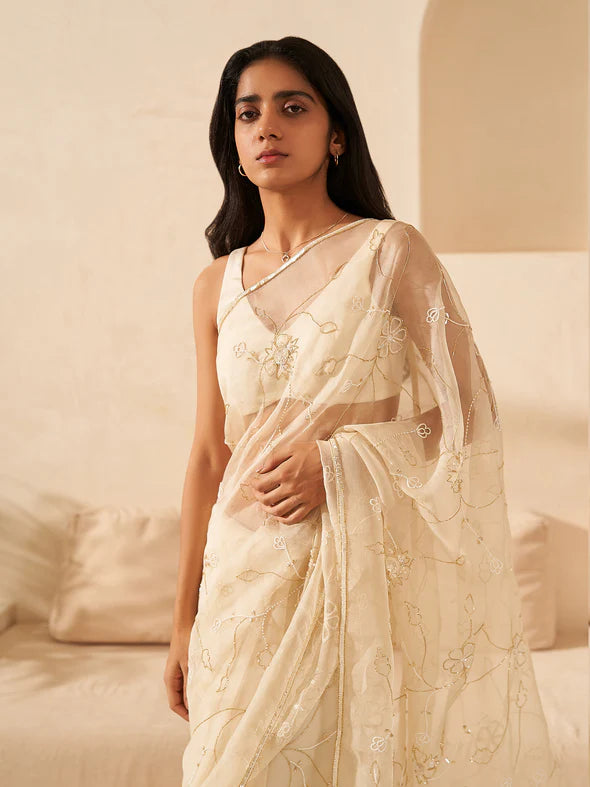 Daisy Cream Silk Organza Saree Set