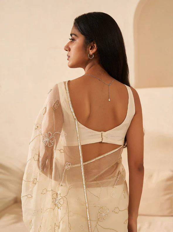 Daisy Cream Silk Organza Saree Set