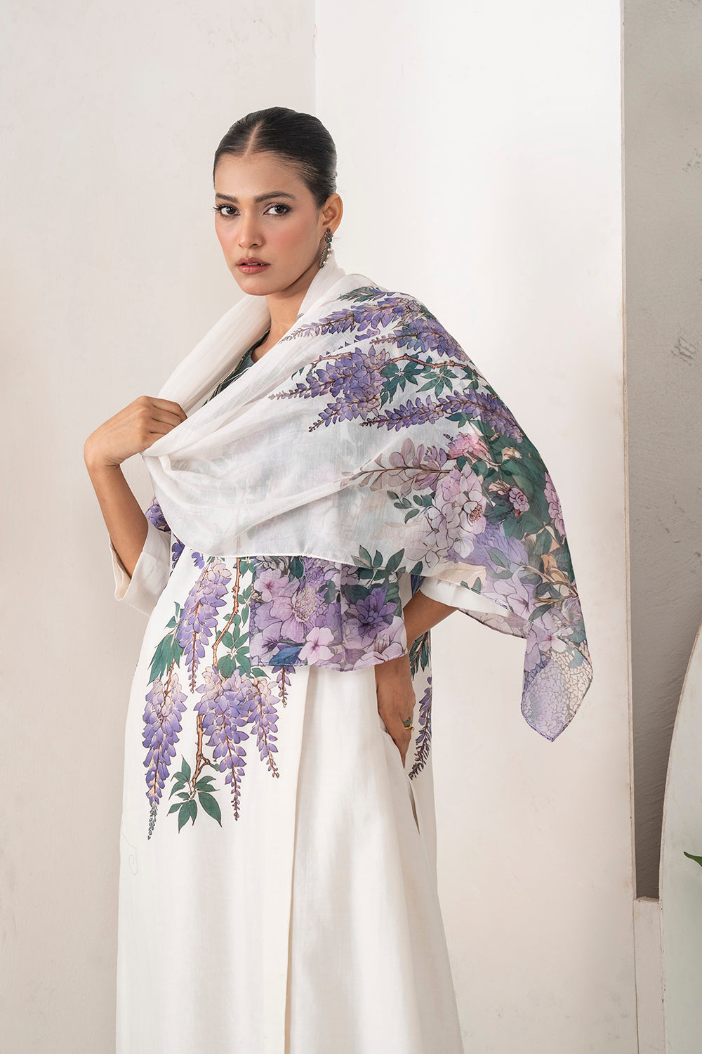 Ivory Silk Chanderi Side Panel Wisteria Printed Dress Set (2 PCS)