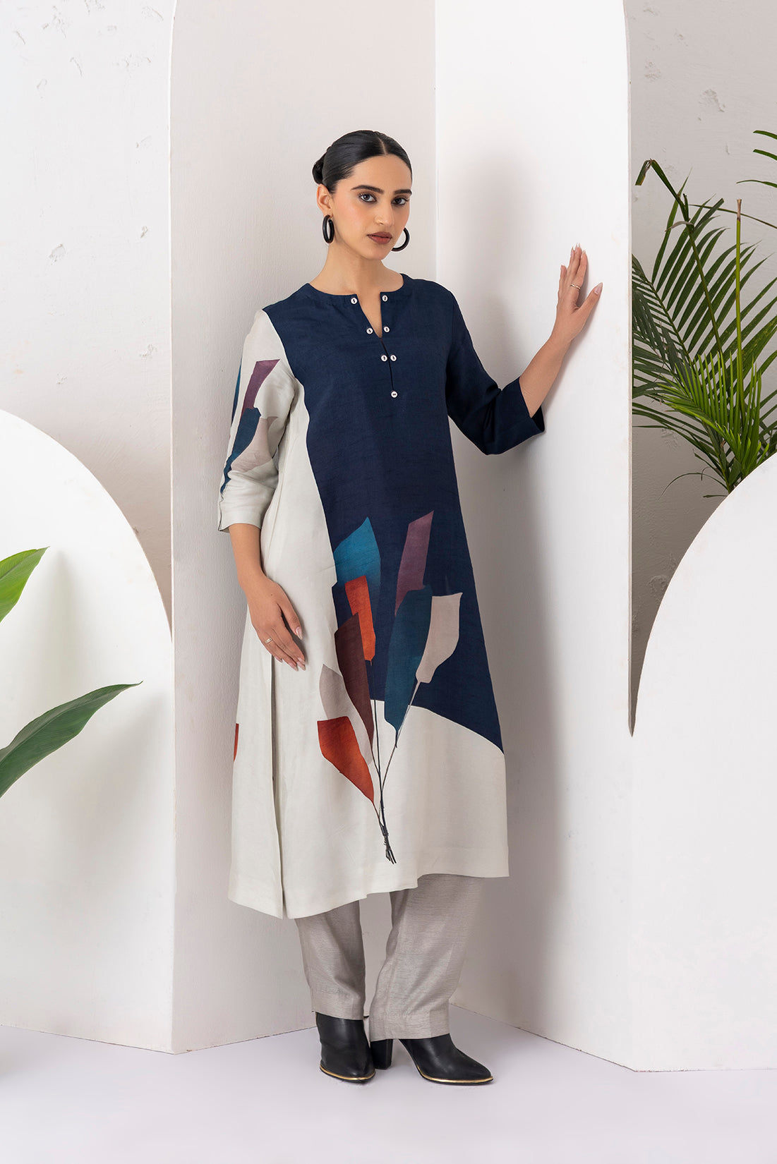 Blue & Ivory Viscose Dupion Printed Tunic  (1 PC)