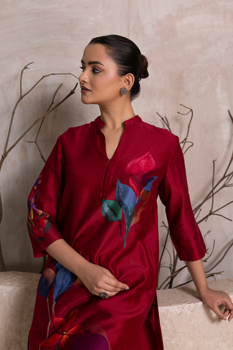 Red Silk Chanderi Printed Tunic (1 PC)