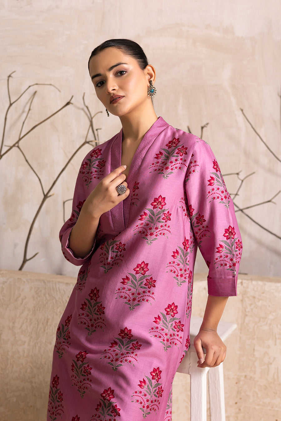 Salmon Pink Silk Chanderi Floral Boota Printed Tunic (1 PC)