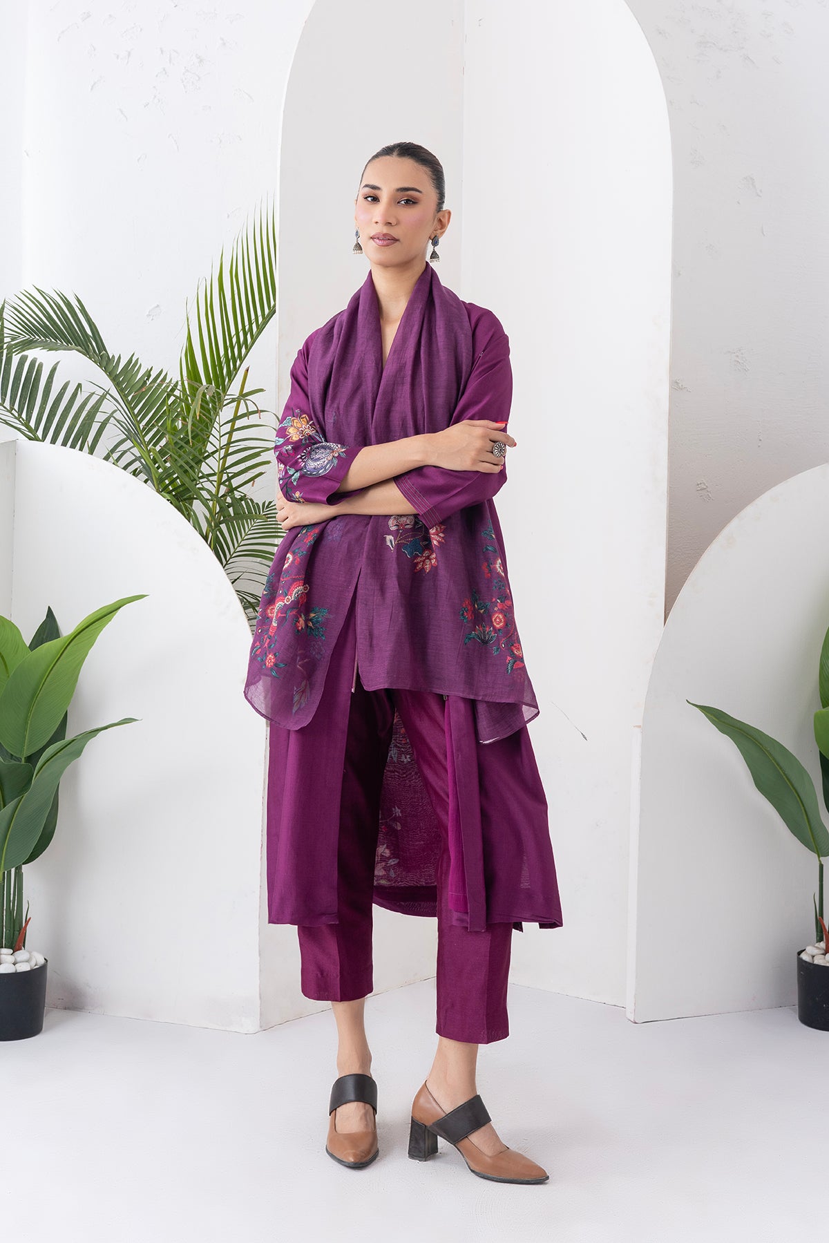 Wine Silk Chanderi Floral Printed Front Open Dress (1 PC)