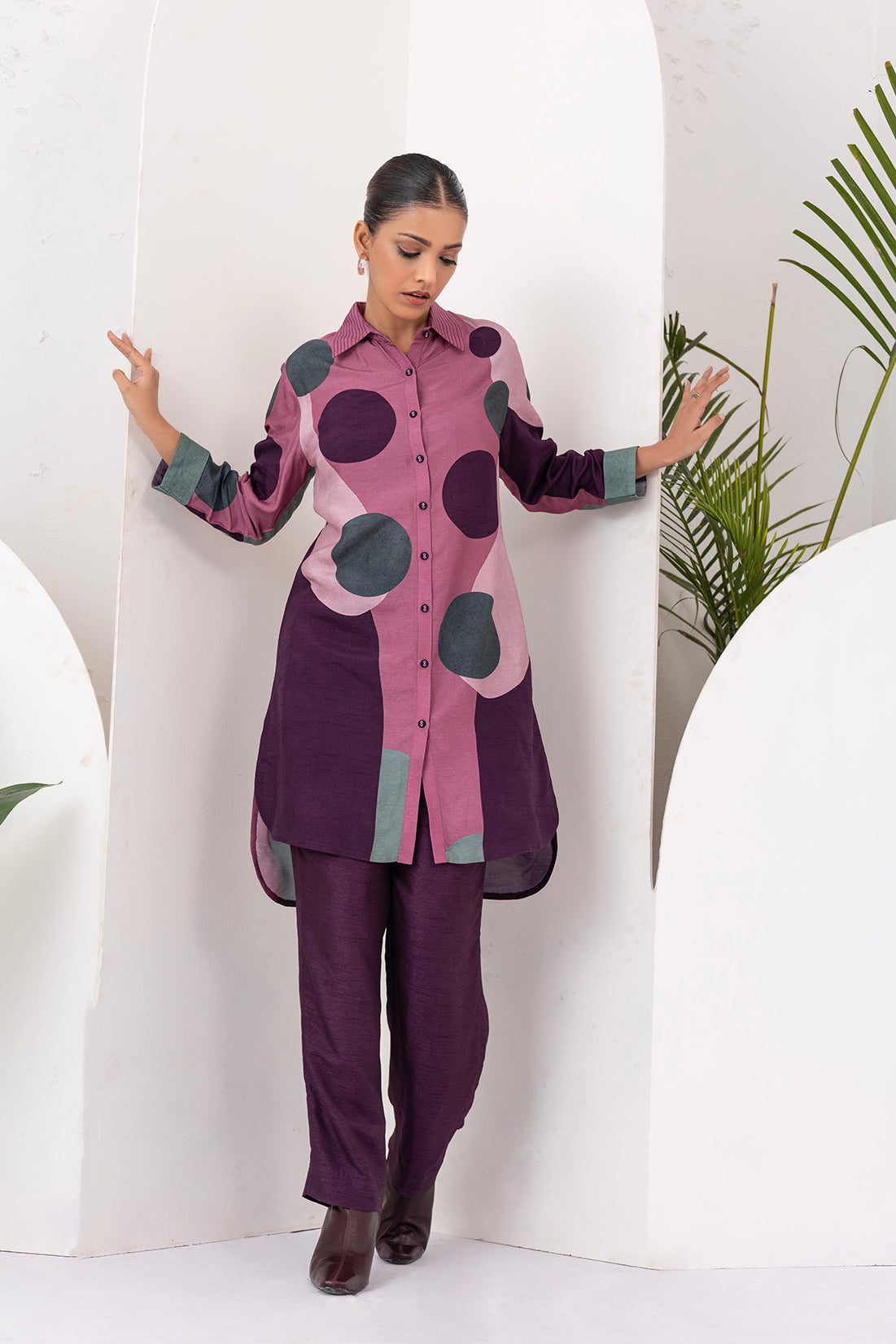 Salmon Pink & Wine Viscose Dupion Printed Shirt Style Tunic  (1 PC)