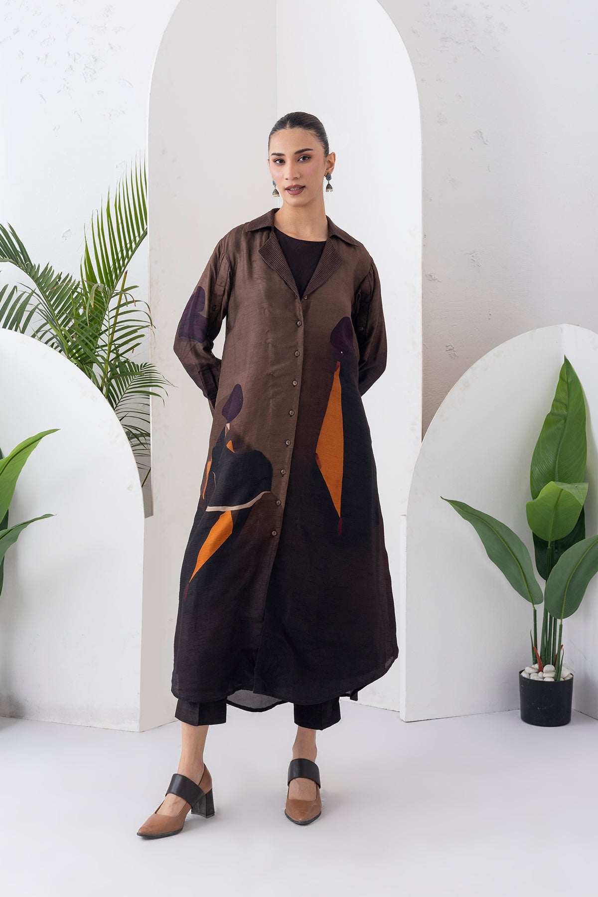 Shades Of Brown Viscose Dupion Printed Front Open Dress (1 PC)