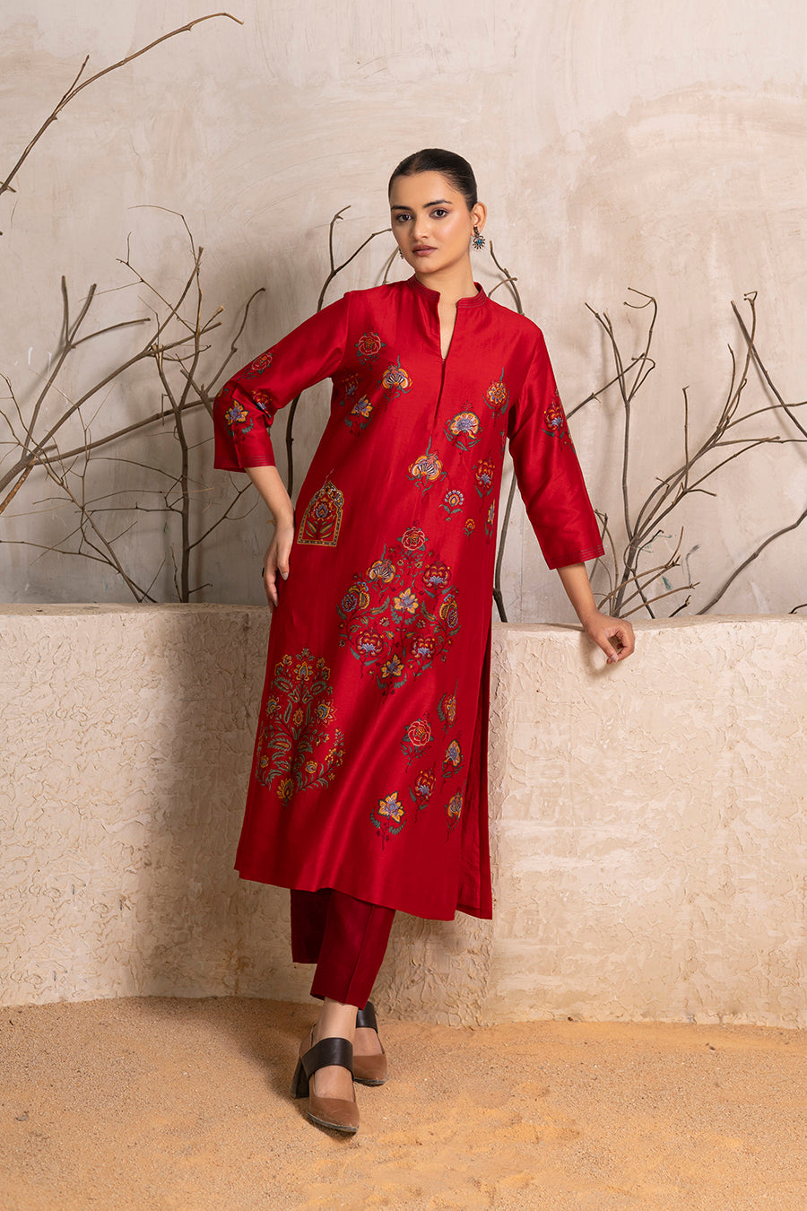 Bright Red Silk Chanderi Printed Tunic (1 PC)