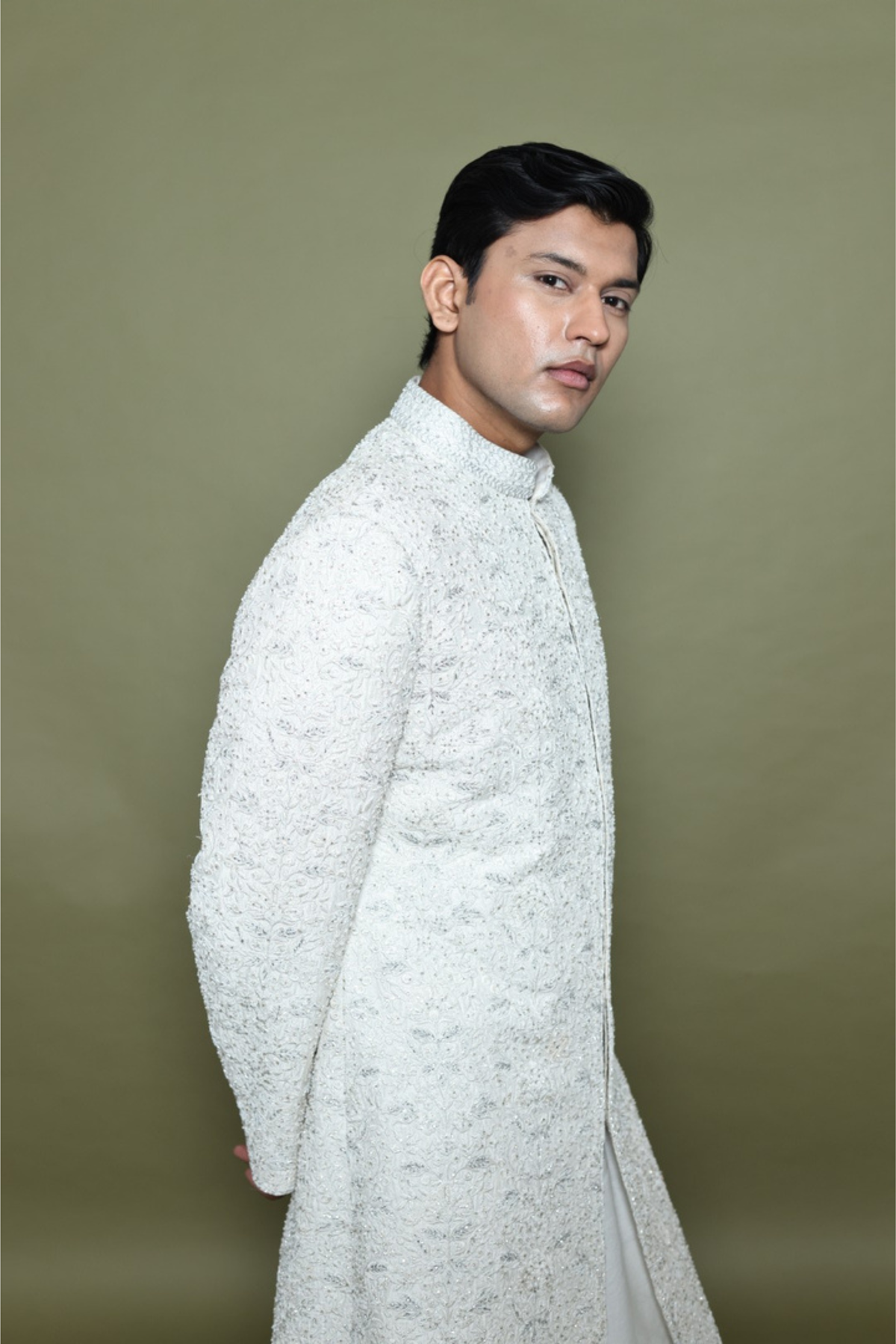 IVORY RAW SILK SHERWANI WITH KURTA & CHURIDAR