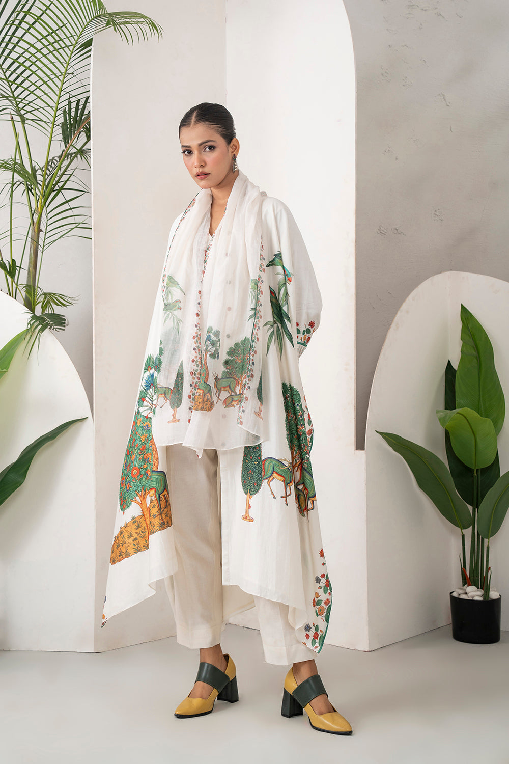 Ivory Silk Chanderi Folk Tale Printed Kaftan Set (3 PCS)