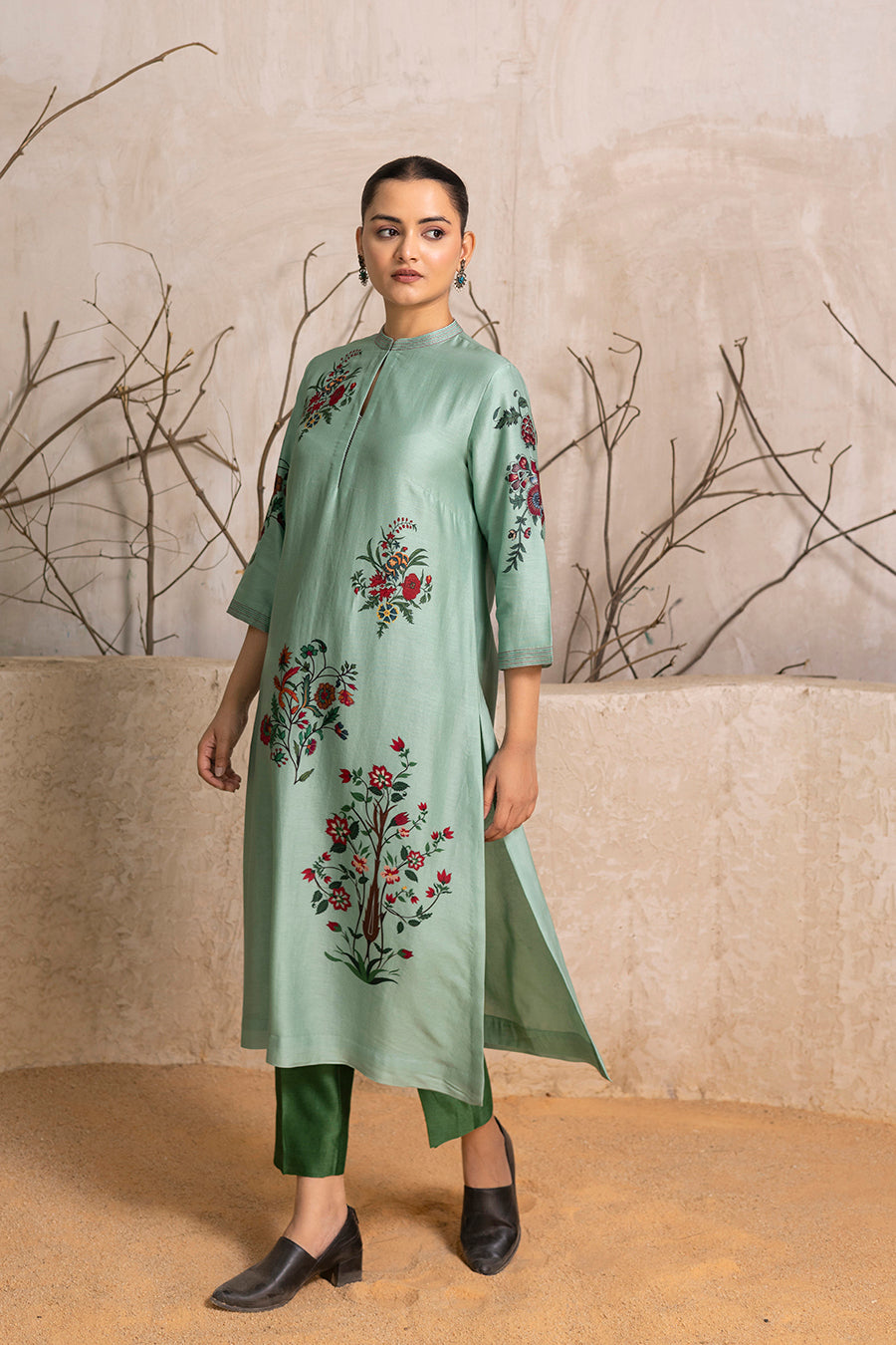 Mint Silk Chanderi Floral Boota Printed Tunic (1 PC)