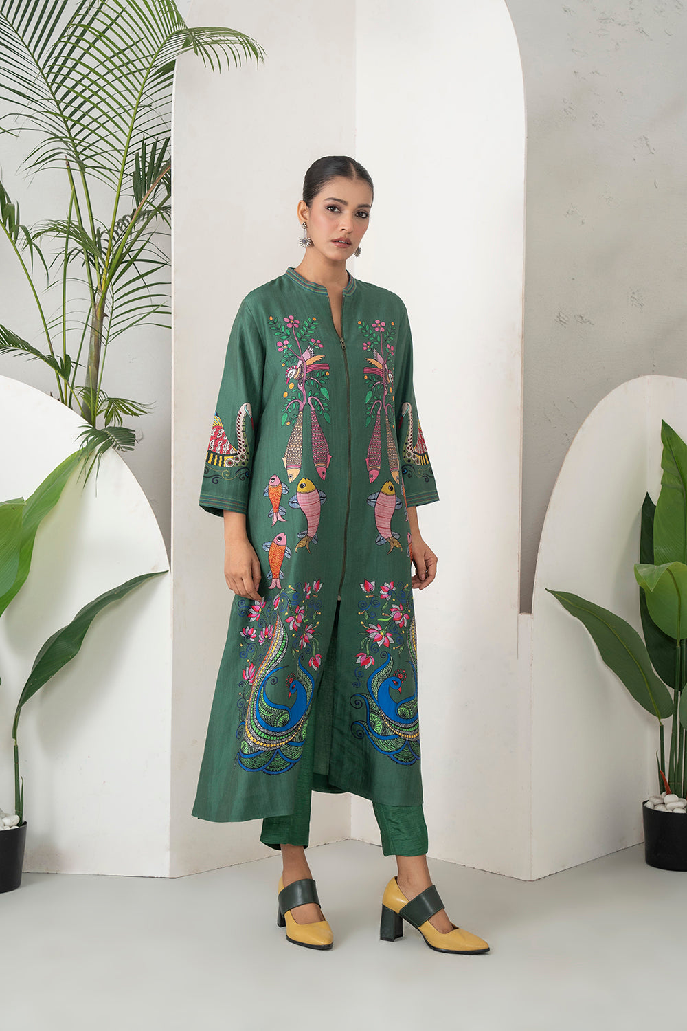 Emerald Silk Chanderi Peacocks And Fish Motifs Printed Dress Set (3 PCS)