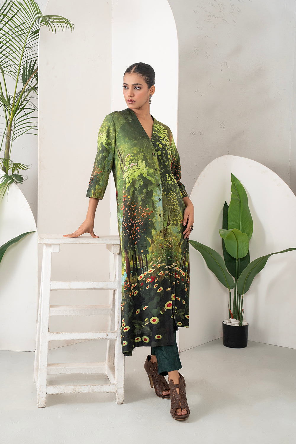 Shades Of Green Silk Chanderi Front Open Nature Inspired Printed Dress Set (2 PCS)