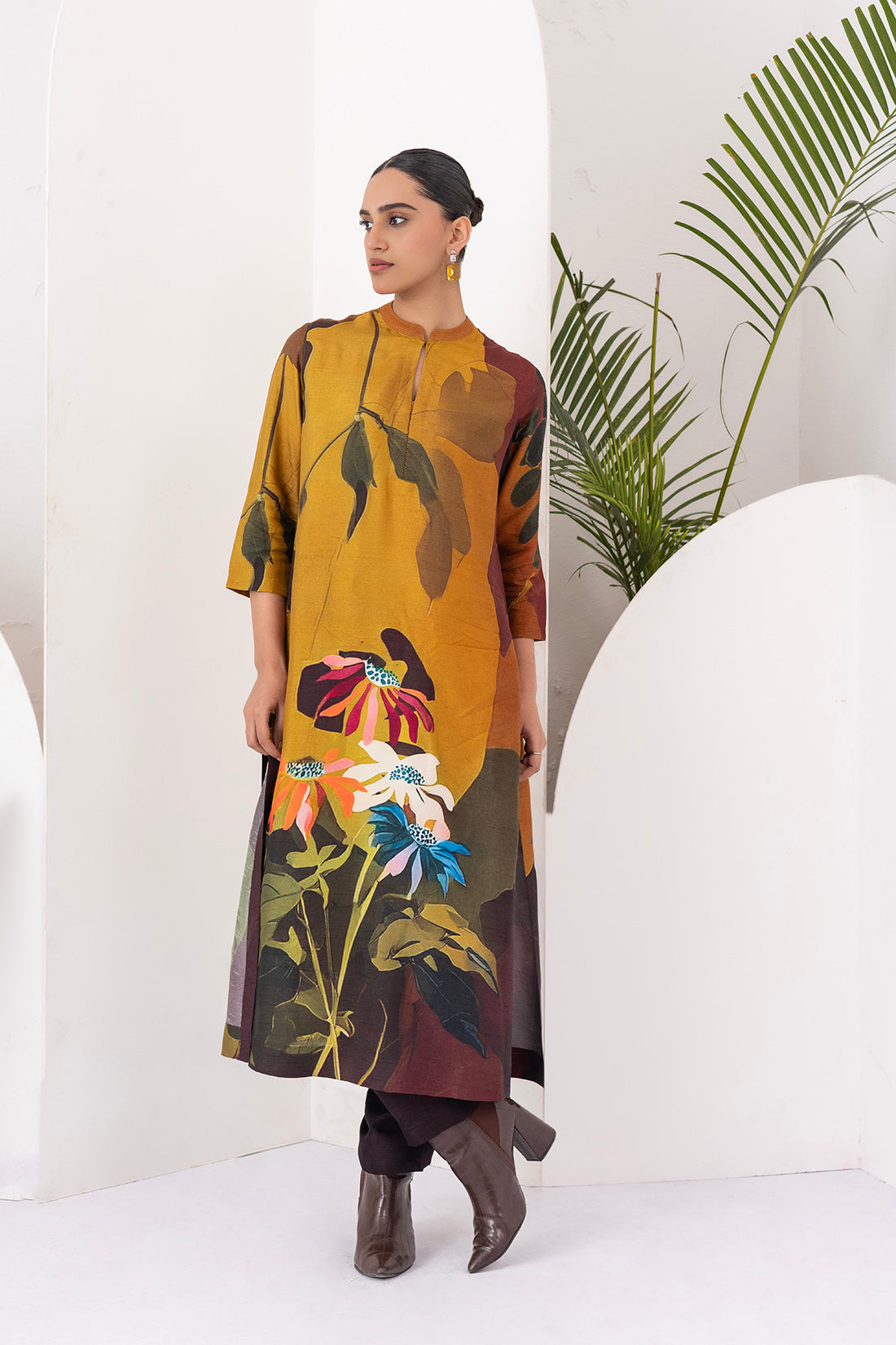 Mustard & Brown Viscose Dupion Printed Tunic  (1 PC)