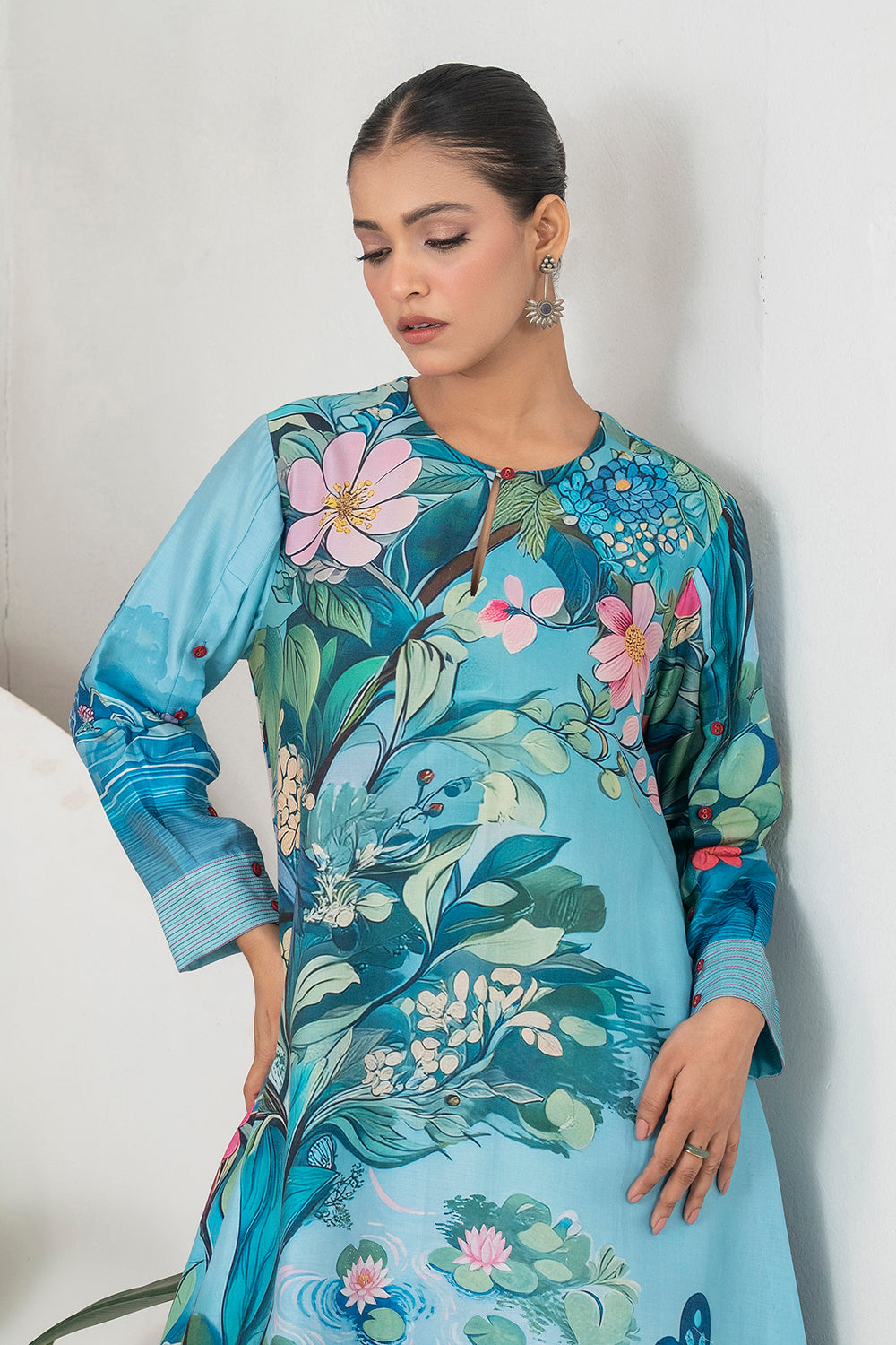 Sky Blue Silk Chanderi Lush Lotus Printed Tunic Set (2 PCS)