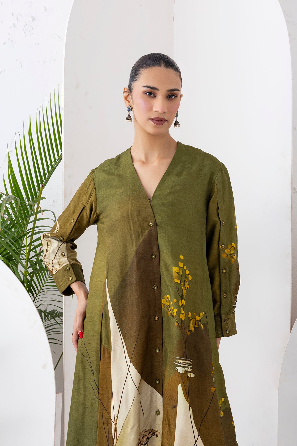 Moss Green Shaded Viscose Dupion Printed High-Low Dress (1 PC)
