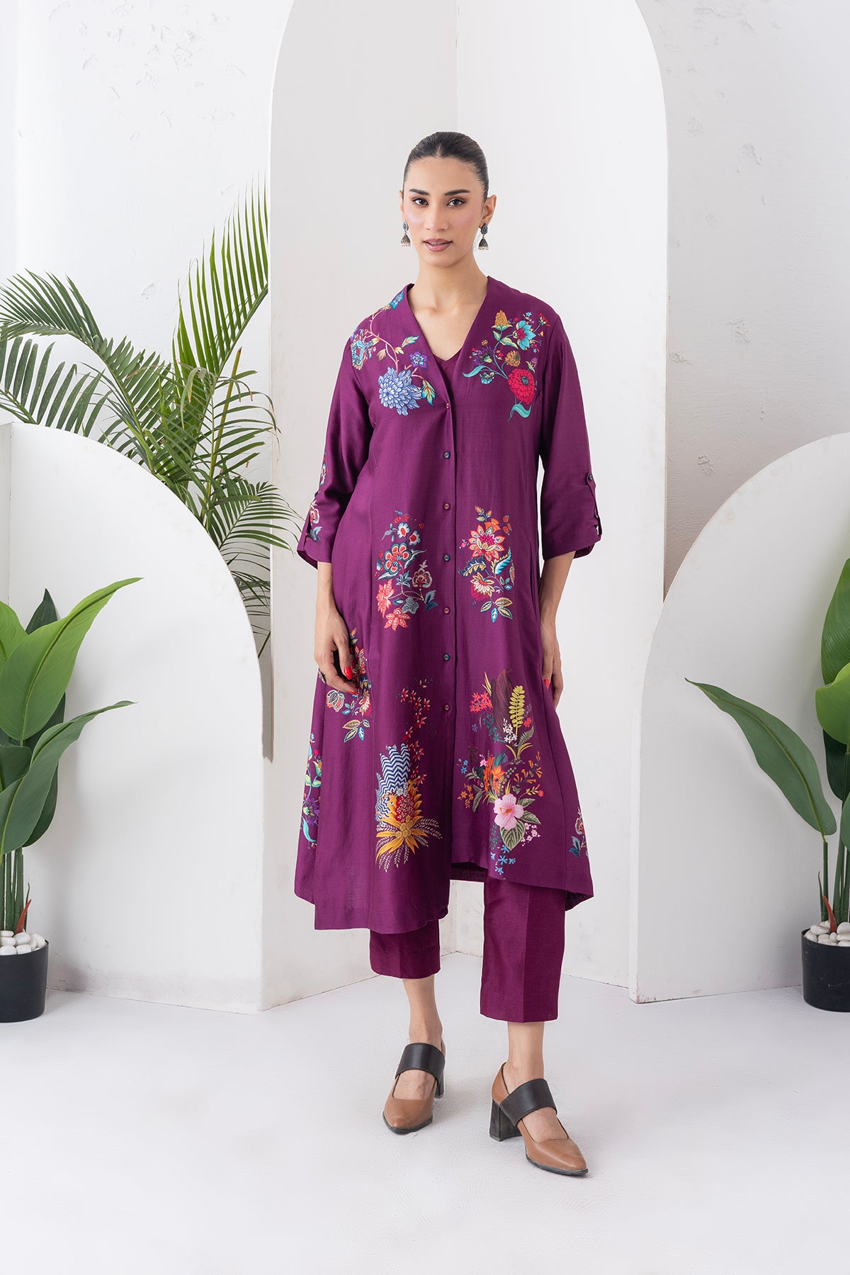 Wine Silk Chanderi Printed High-Low Dress (1 PC)