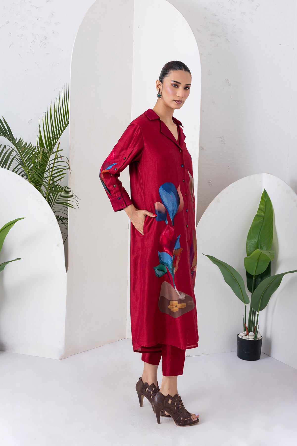 Red Viscose Dupion Printed Front Open Dress (1 PC)