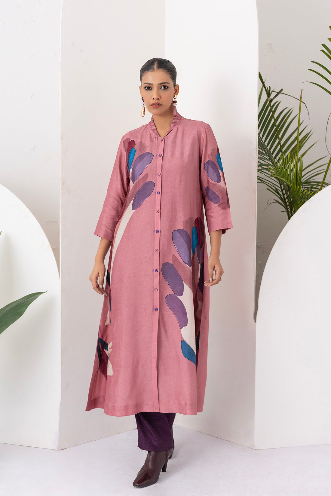 Salmon Pink Viscose Dupion Printed Dress  (1 PC)