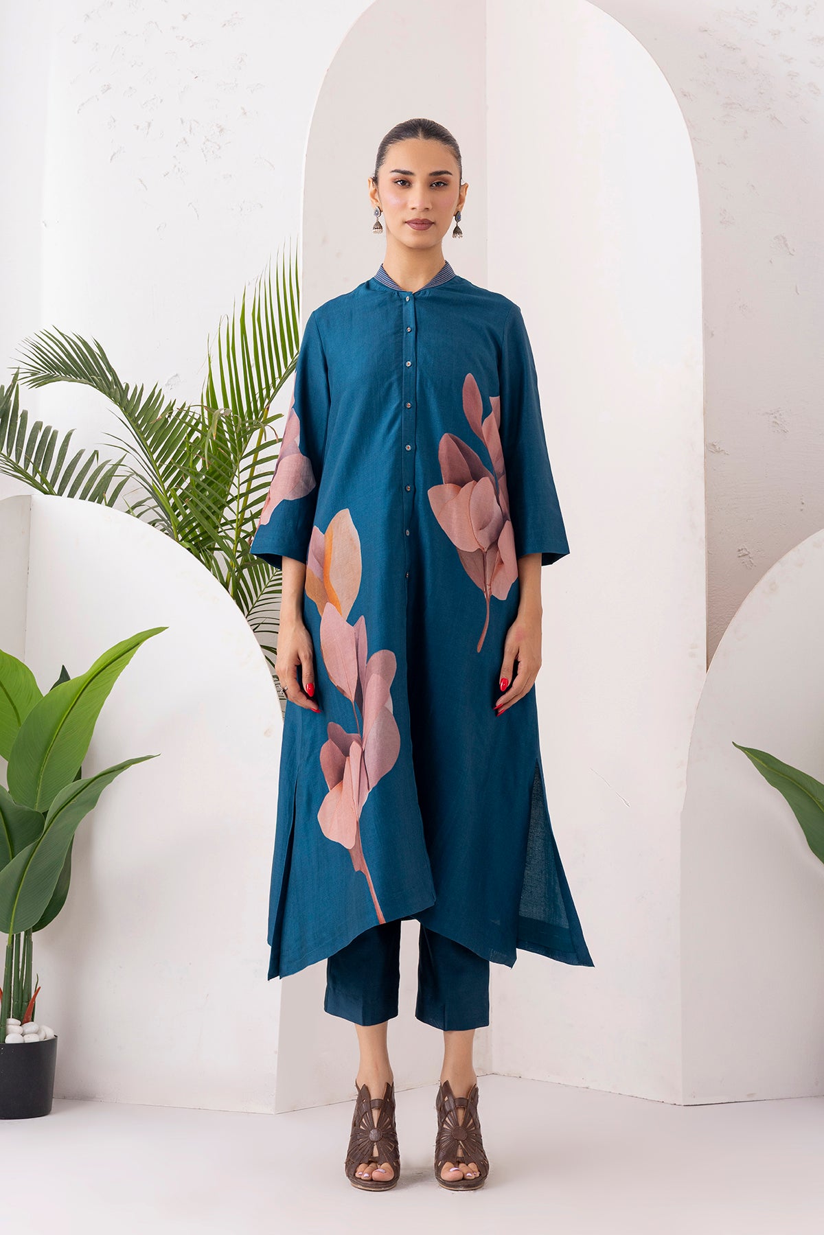 Indigo Silk Chanderi Leaf Printed Dress (1 PC)