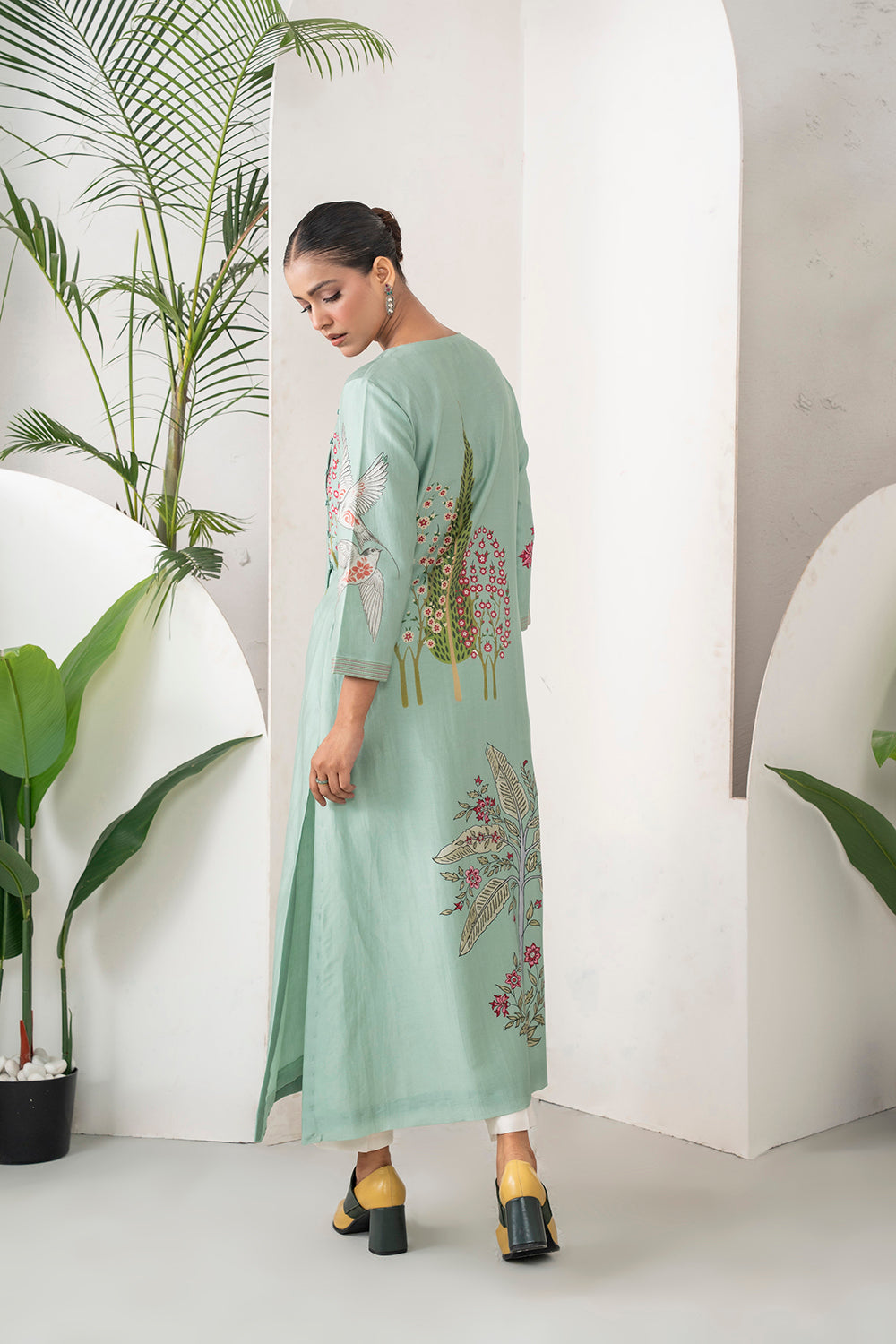 Mint Silk Chanderi Miniature Painting Inspired Printed Dress Set (2 PCS)