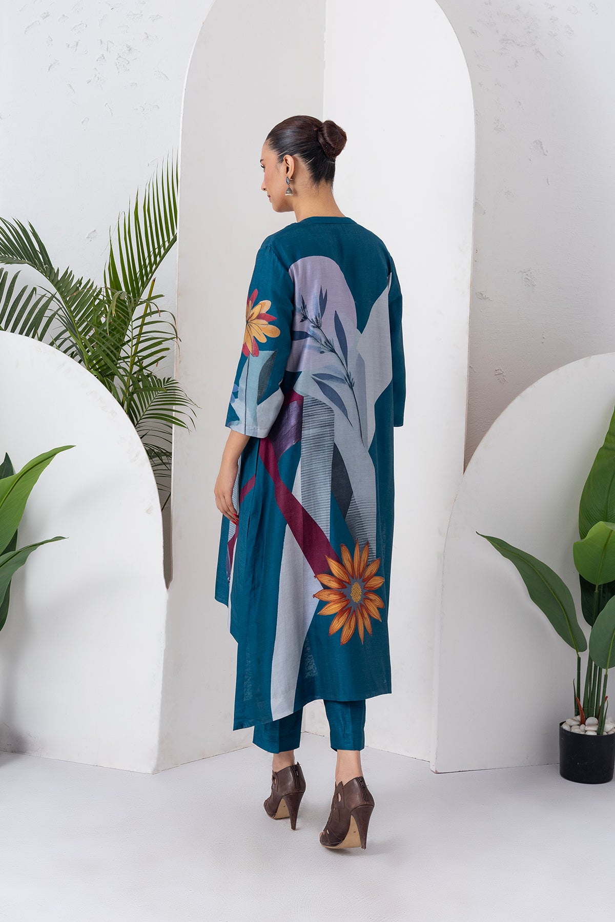 Indigo Silk Chanderi Printed High-Low Dress (1 PC)