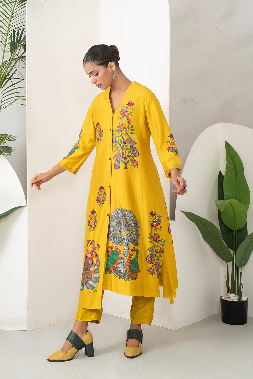 Yellow Silk Chanderi Front Open Striking Bird And Floral Printed Dress Set (3 PCS)
