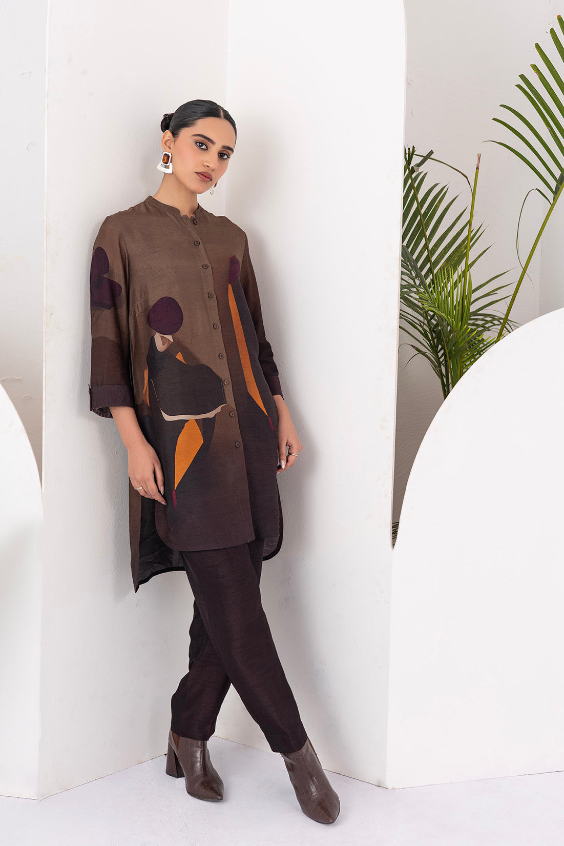 Shades Of Brown Viscose Dupion Printed Shirt Style Tunic  (1 PC)