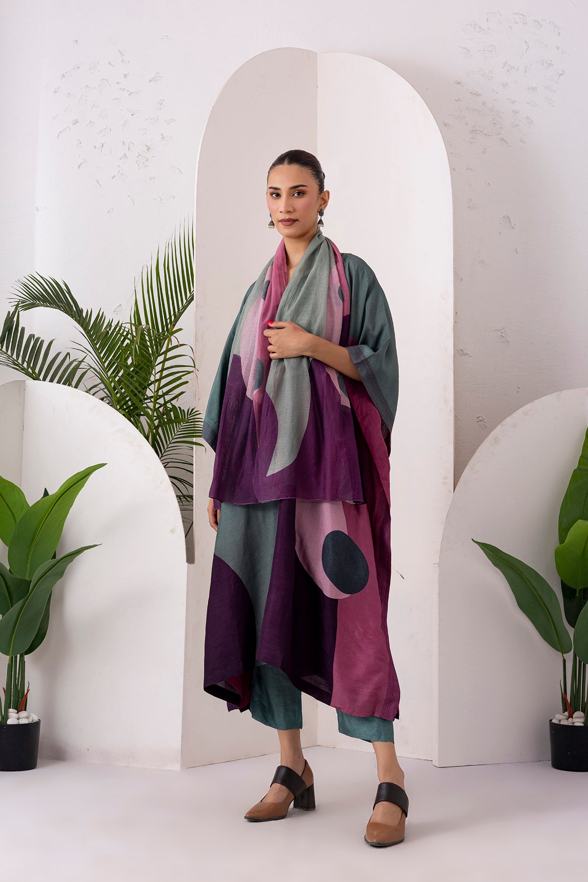 Sage Green & Salmon Pink Viscose Dupion Printed Kaftan (1 PC)