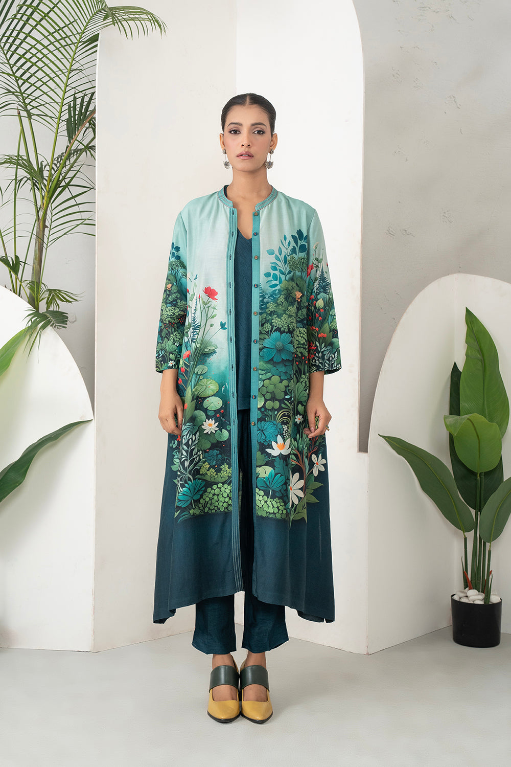 Blue Fades Gently From Mint To Midnight Silk Chanderi Hand-Painted Garden Printed Dress Set (3 PCS)
