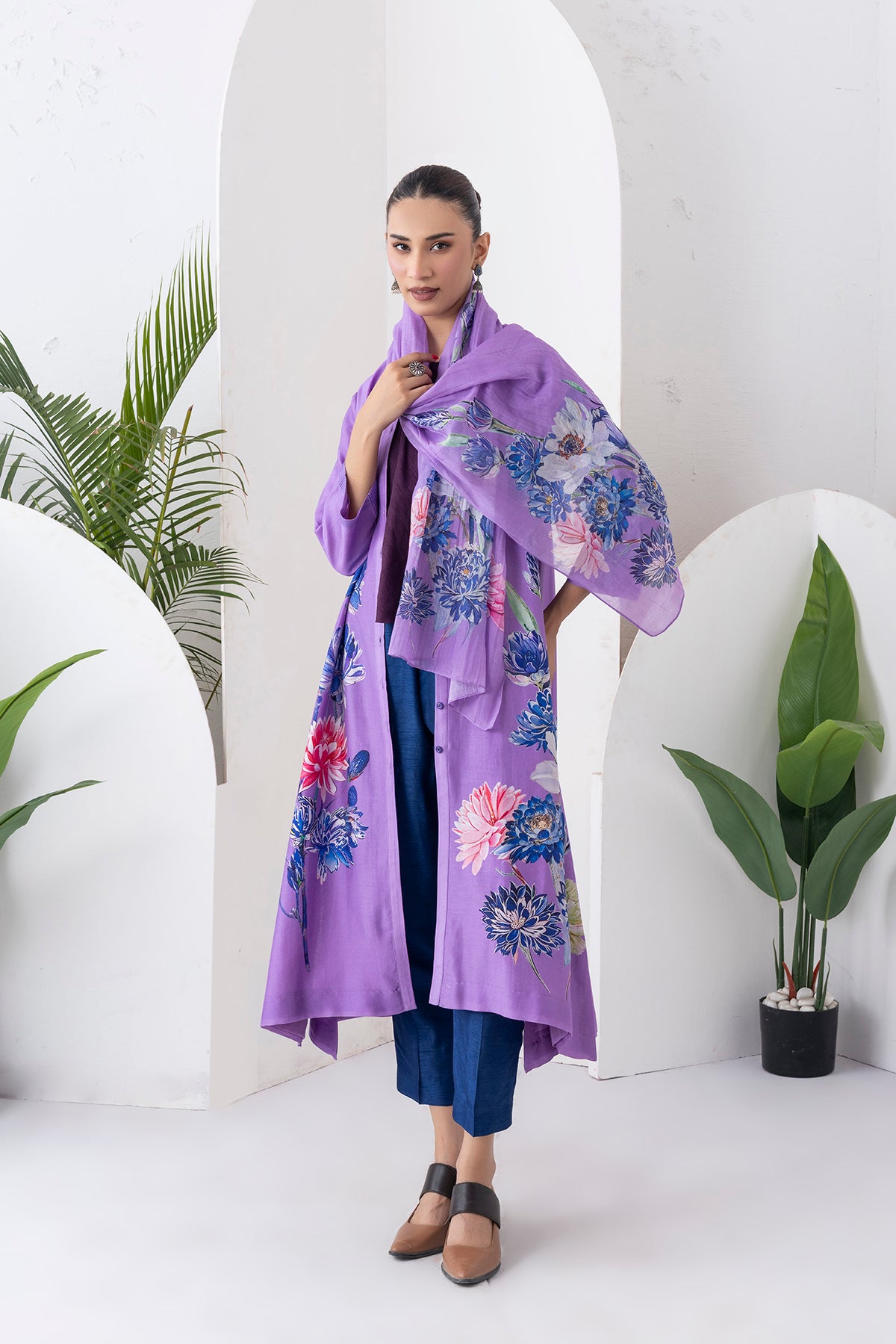 Lavender Silk Chanderi Front Open Printed Dress (1 PC)