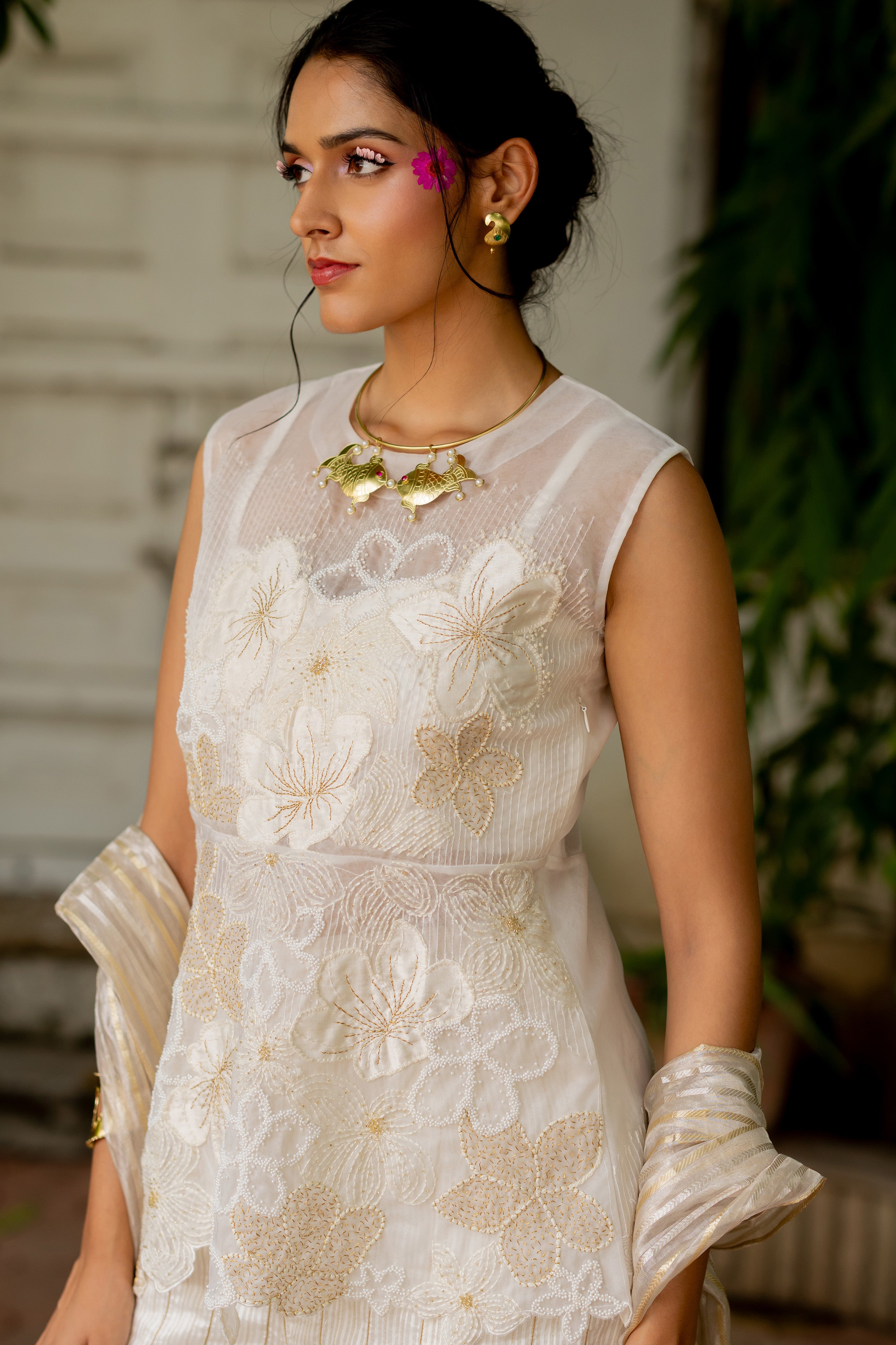 "IVORY OVERLAY WITH BUSTIER STRIPE PANTS AND DUPATTA (gouri)"
