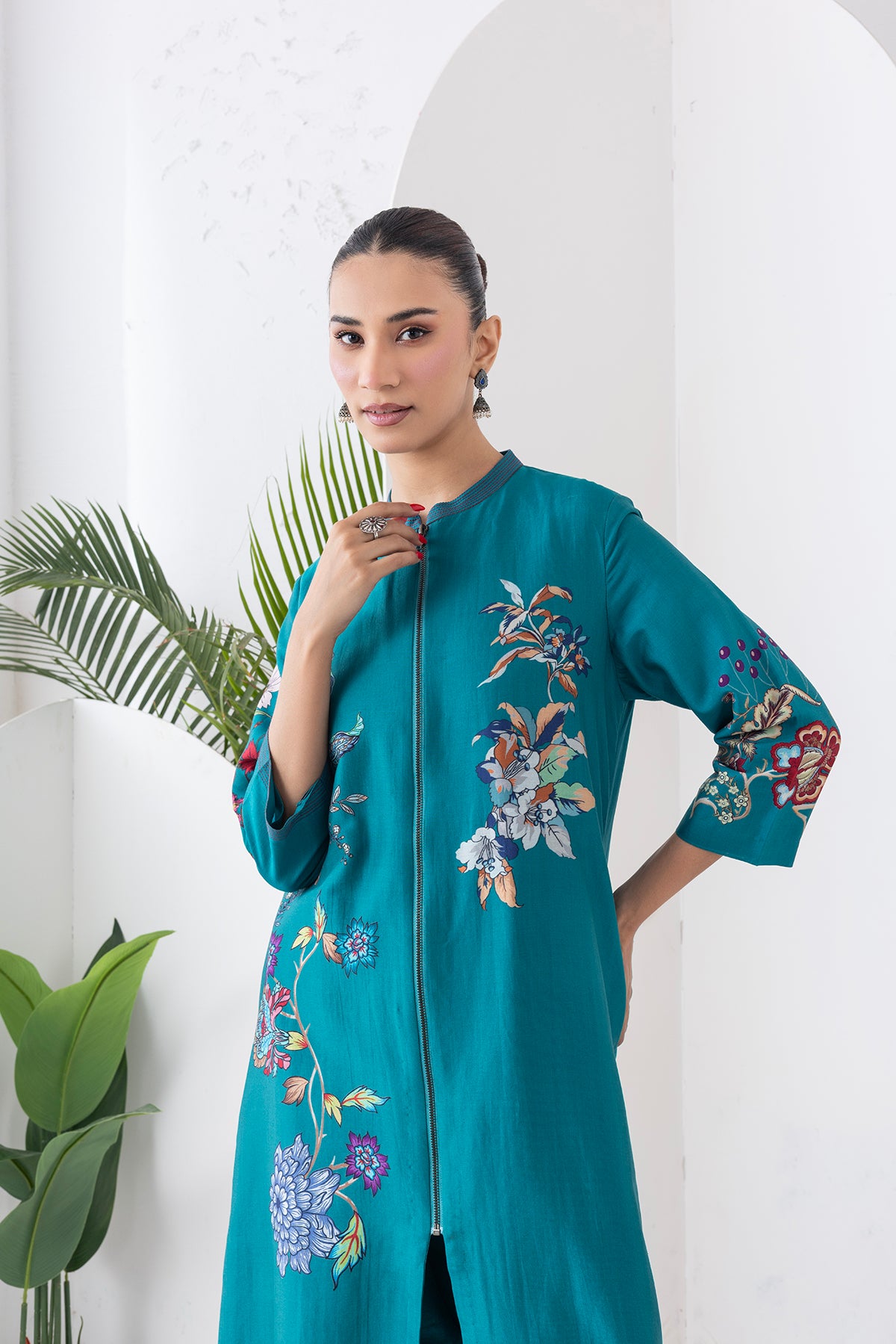 Emerald Silk Chanderi Floral Printed Front Open Dress (1 PC)