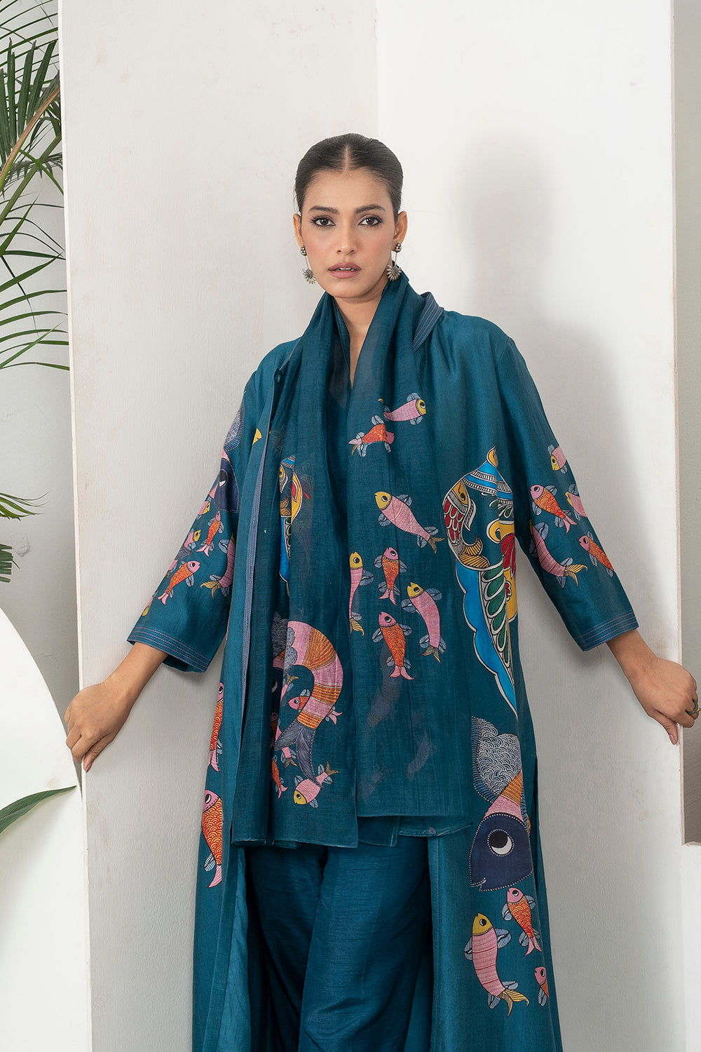 Indigo Silk Chanderi Playful Aquatic Motif Printed Dress Set (3 PCS)