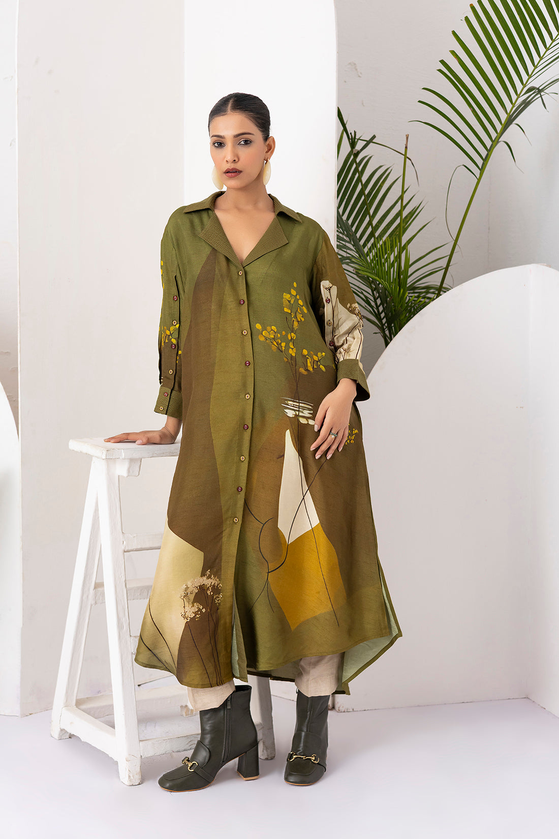 Moss Green Shaded Viscose Dupion Printed Dress  (1 PC)