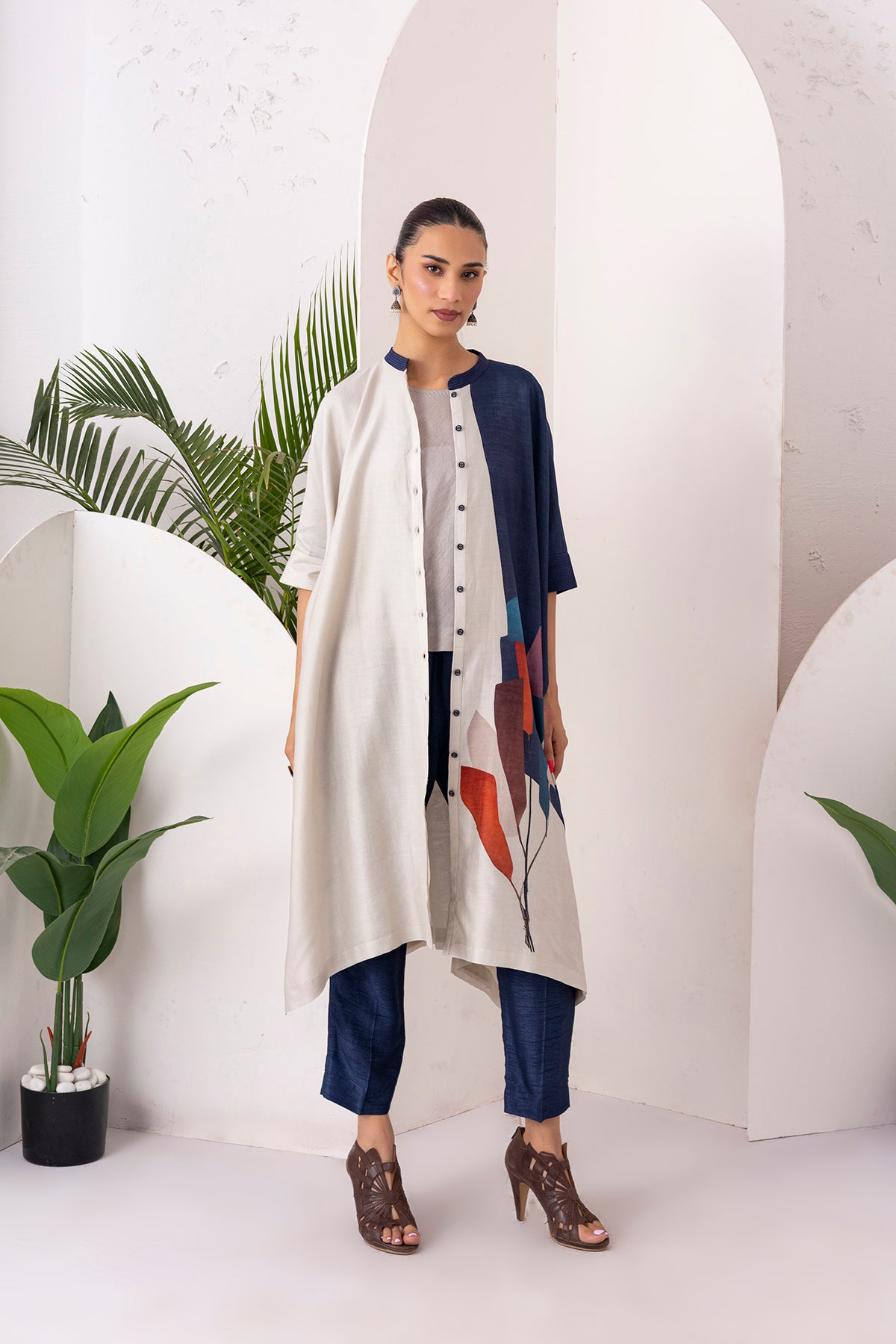 Blue & Ivory Silk Chanderi Printed Kaftan Style Dress (1 PC)